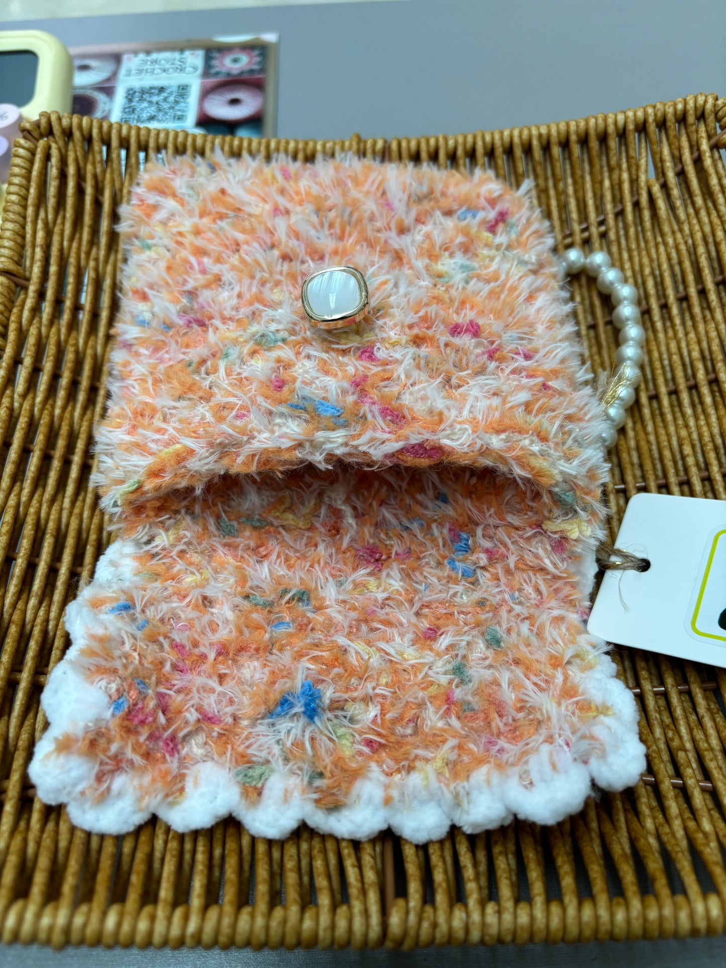 Fluffy Crochet Mini Purse with Pearl Handle - Sunset Orange