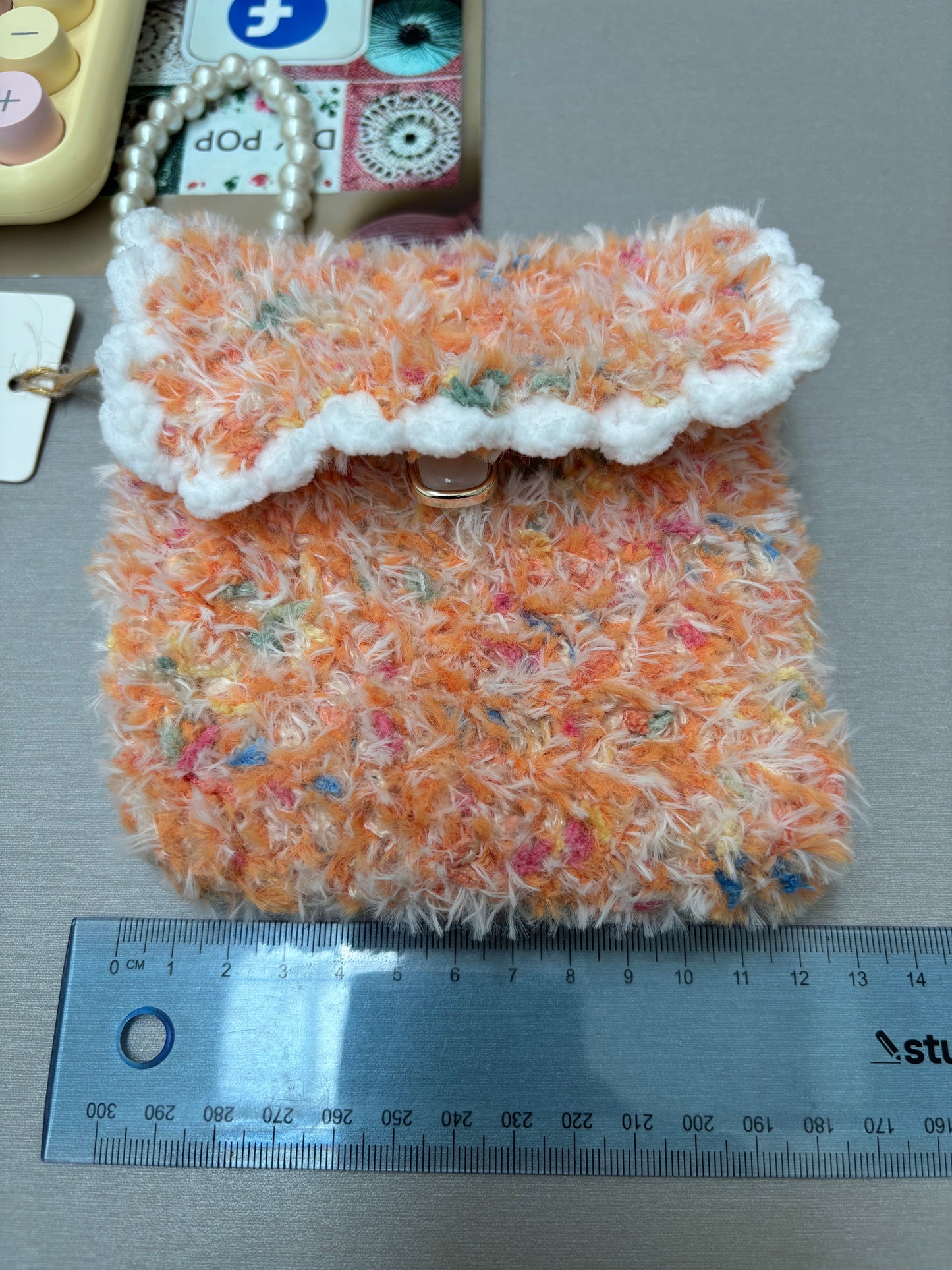 Fluffy Crochet Mini Purse with Pearl Handle - Sunset Orange