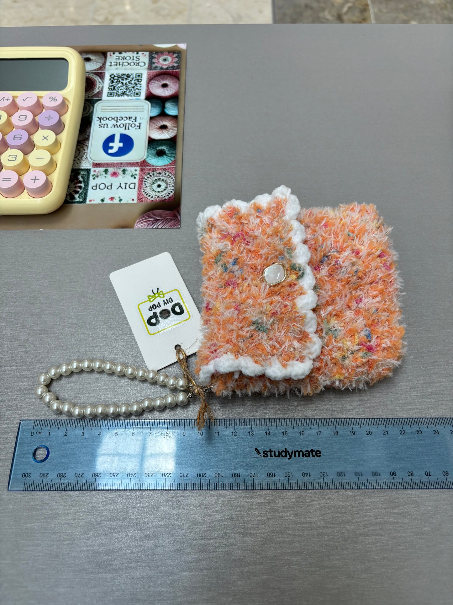 Fluffy Crochet Mini Purse with Pearl Handle - Sunset Orange