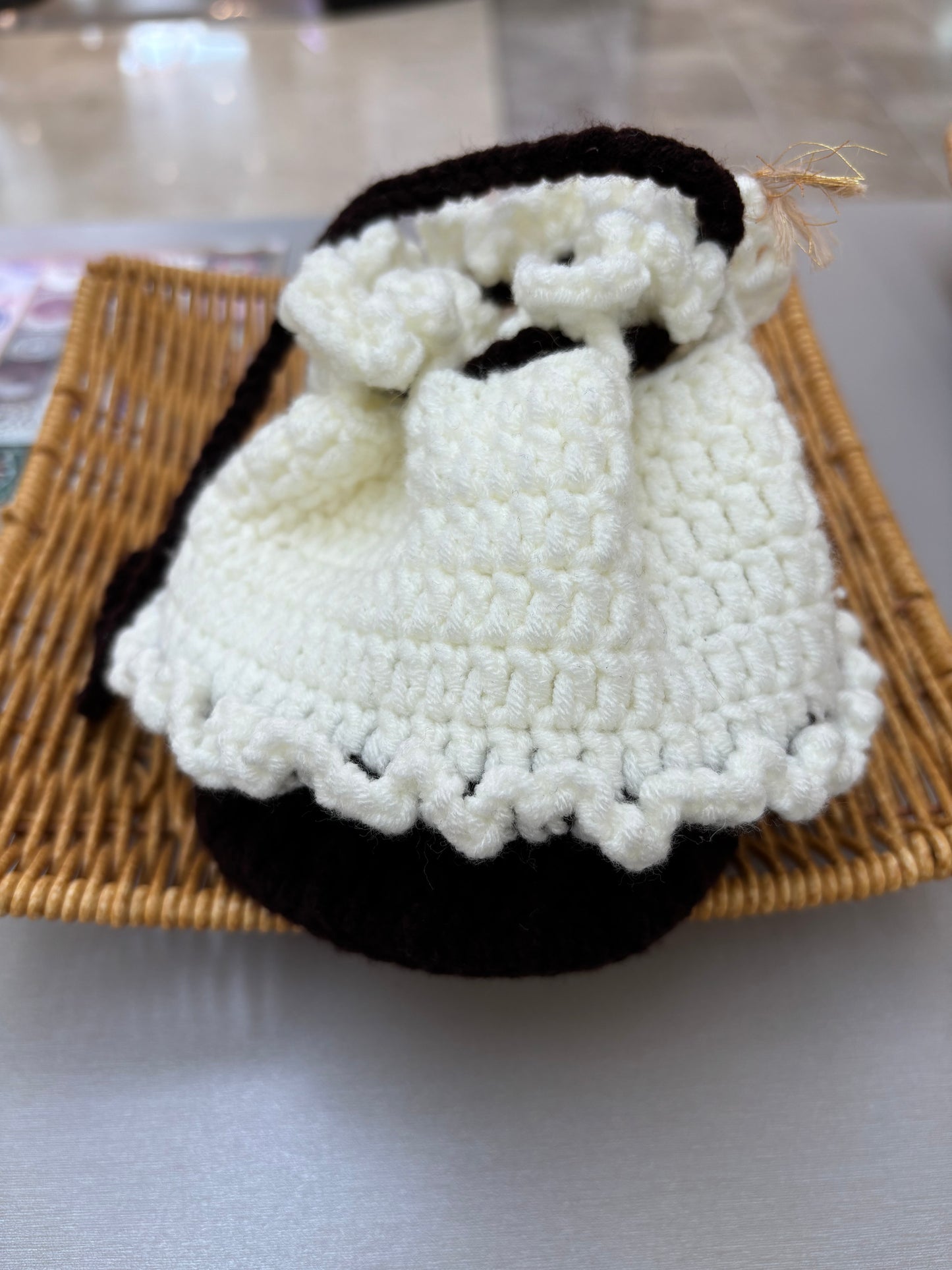 Handmade Crochet Drawstring Pouch - Black and White