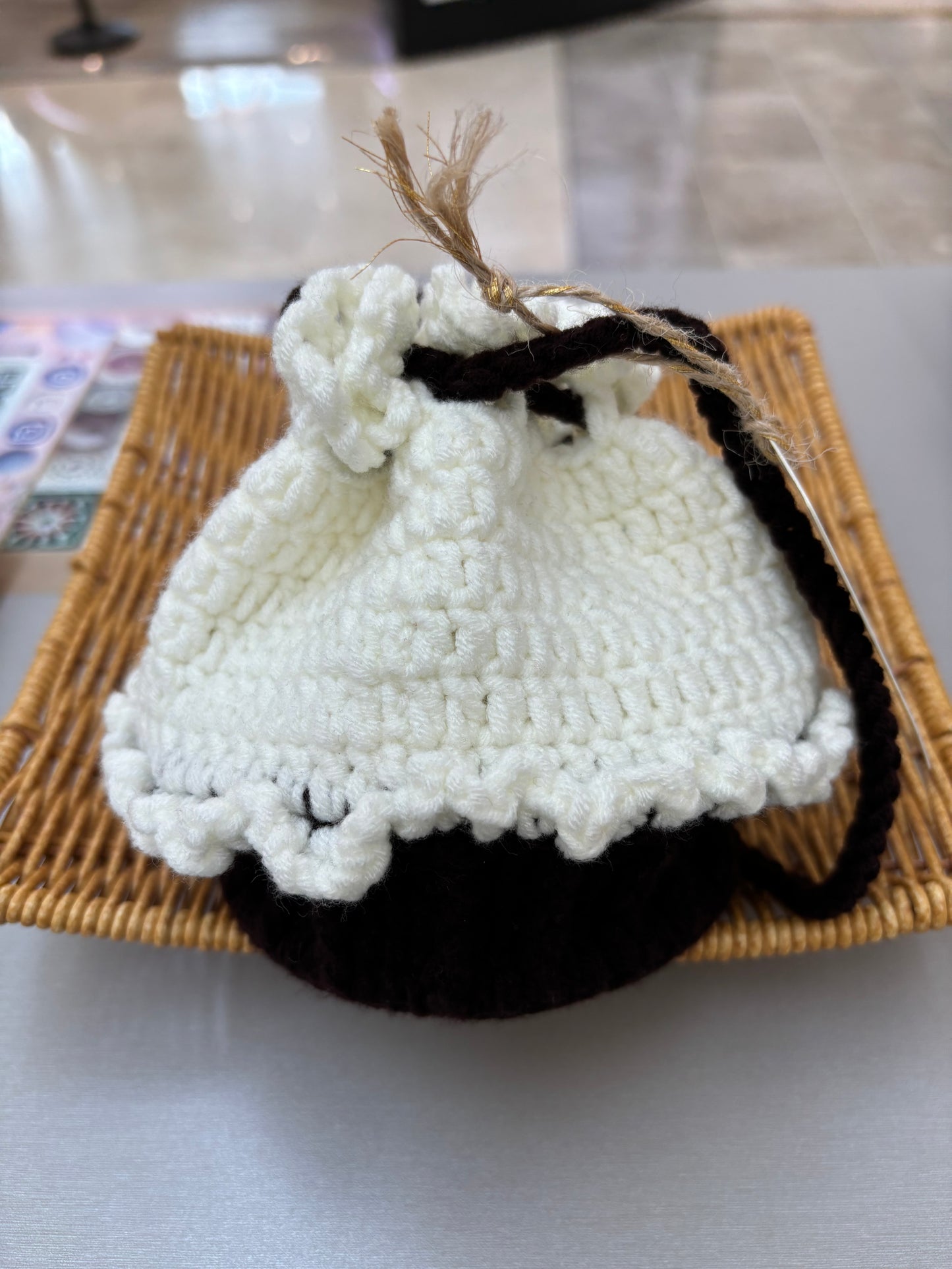 Handmade Crochet Drawstring Pouch - Black and White