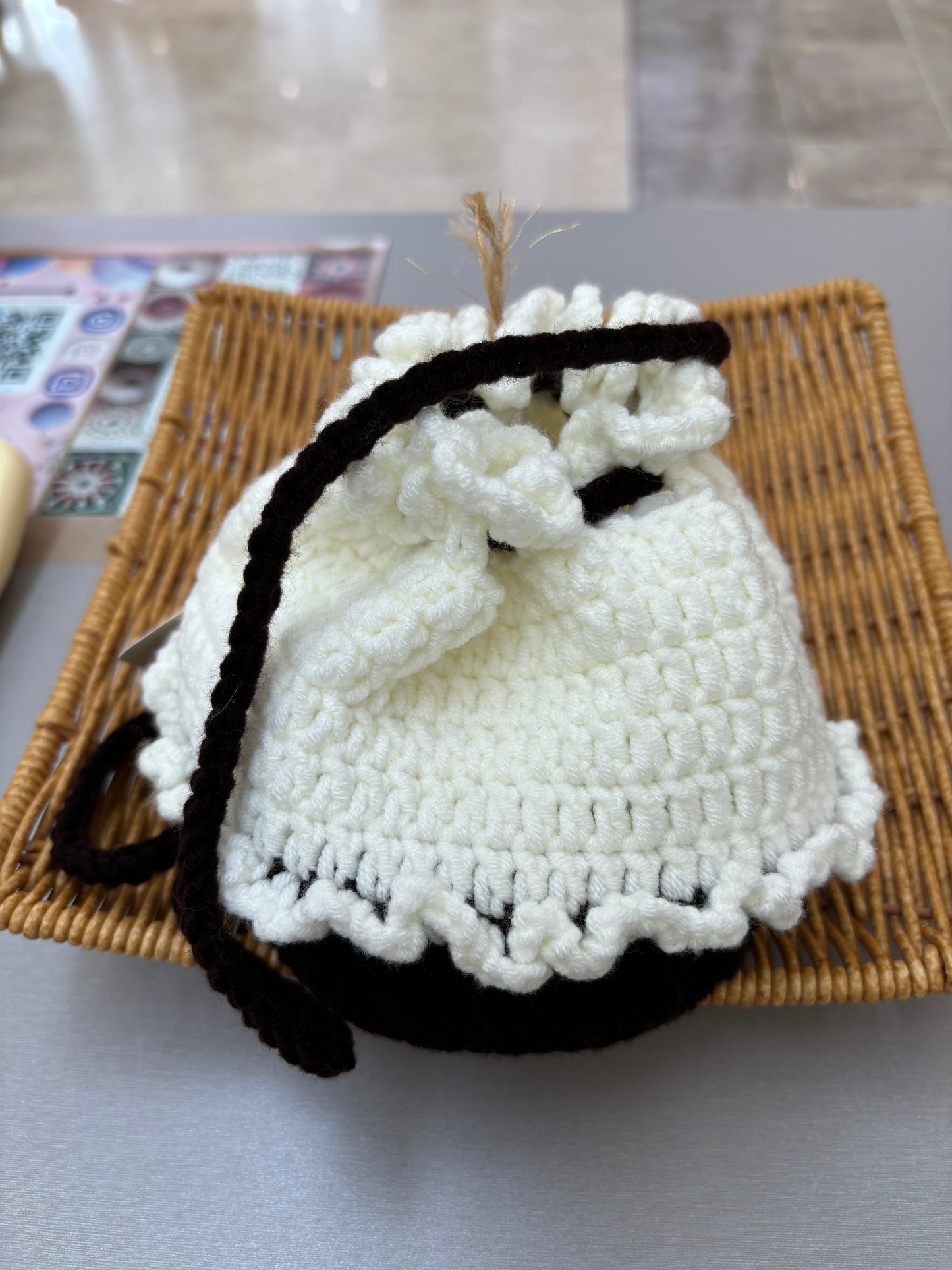 Handmade Crochet Drawstring Pouch - Black and White