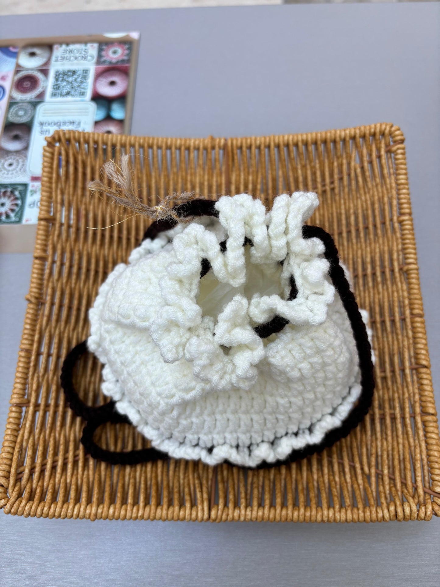 Handmade Crochet Drawstring Pouch - Black and White
