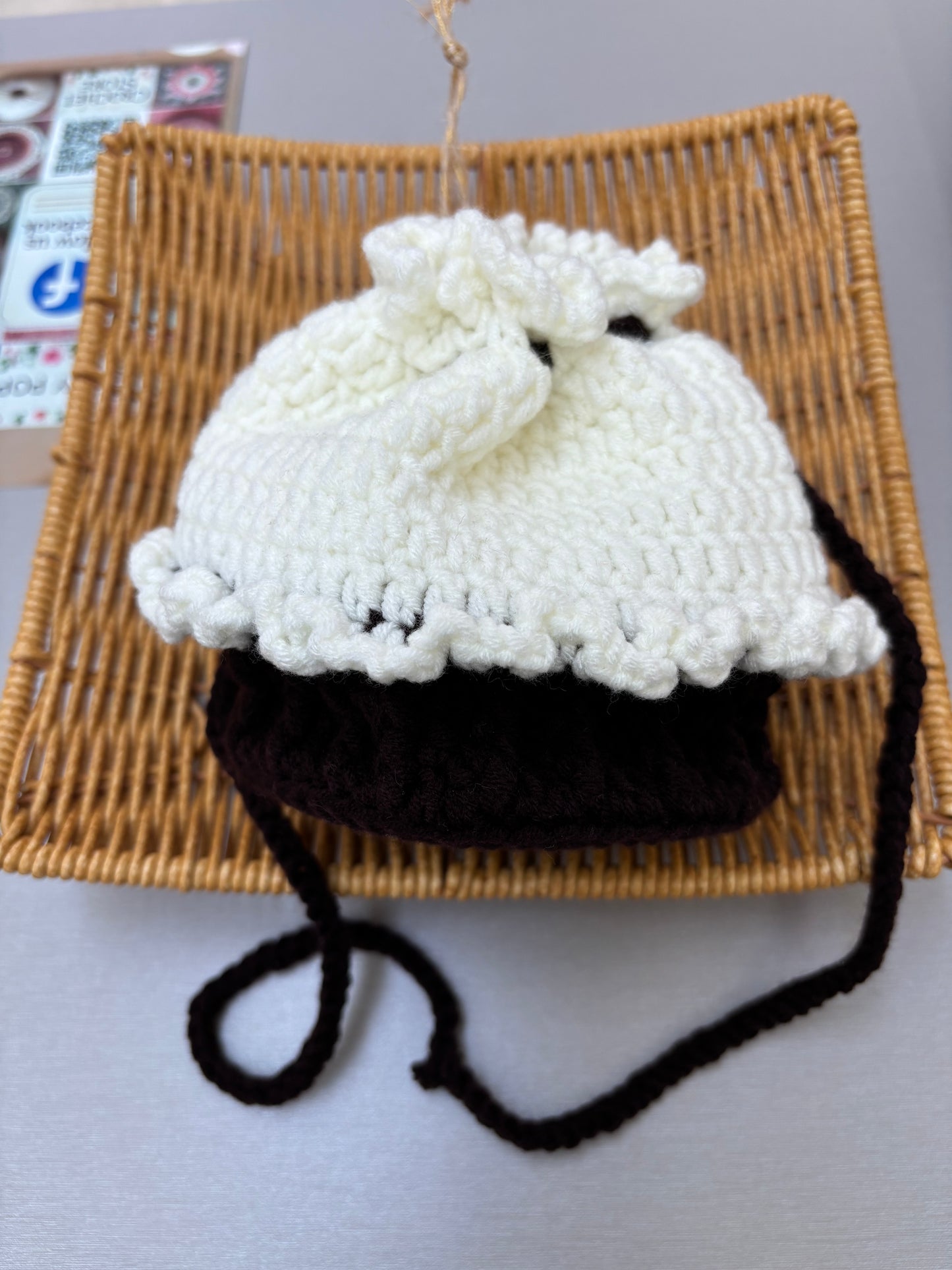 Handmade Crochet Drawstring Pouch - Black and White