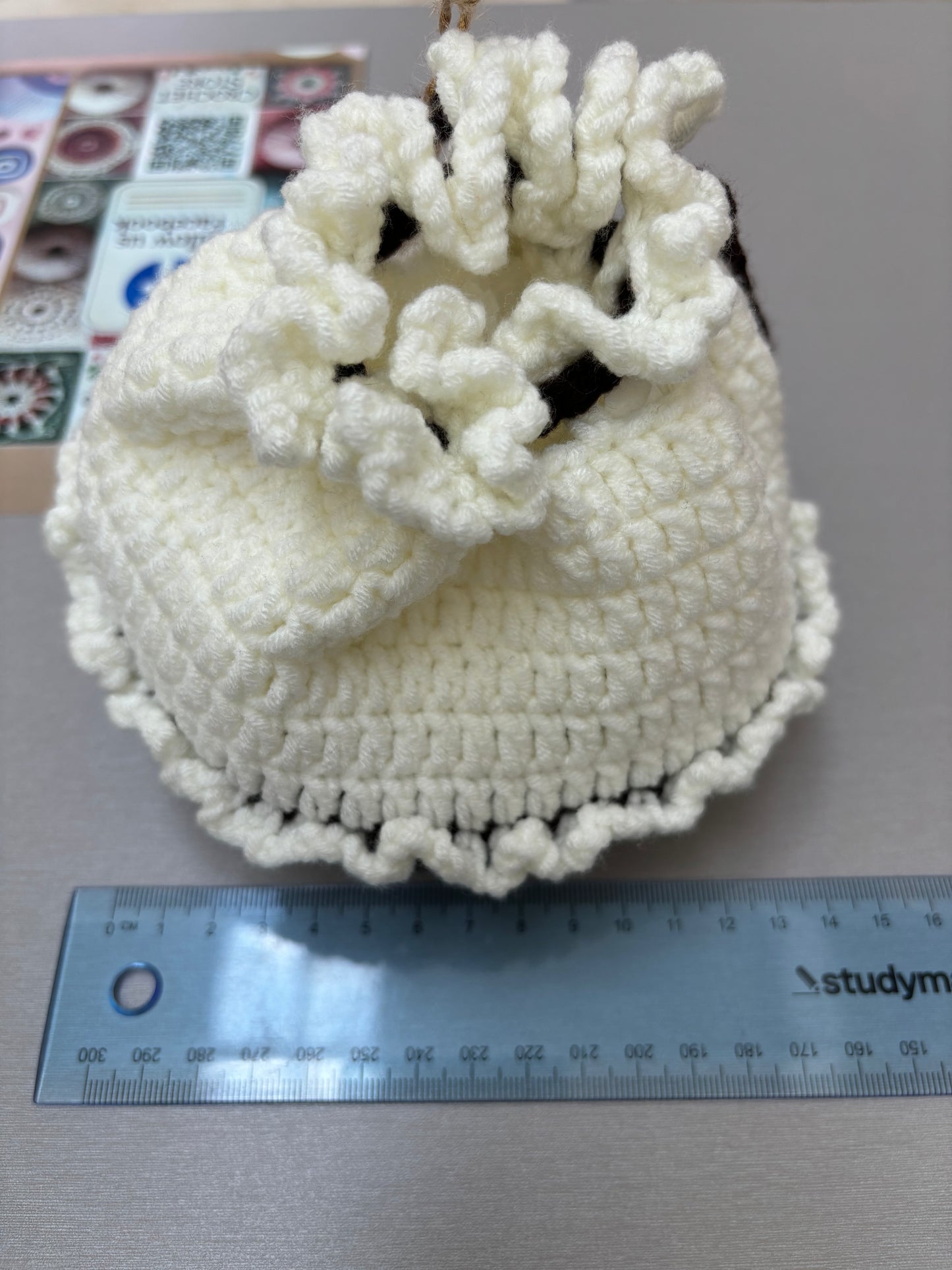 Handmade Crochet Drawstring Pouch - Black and White