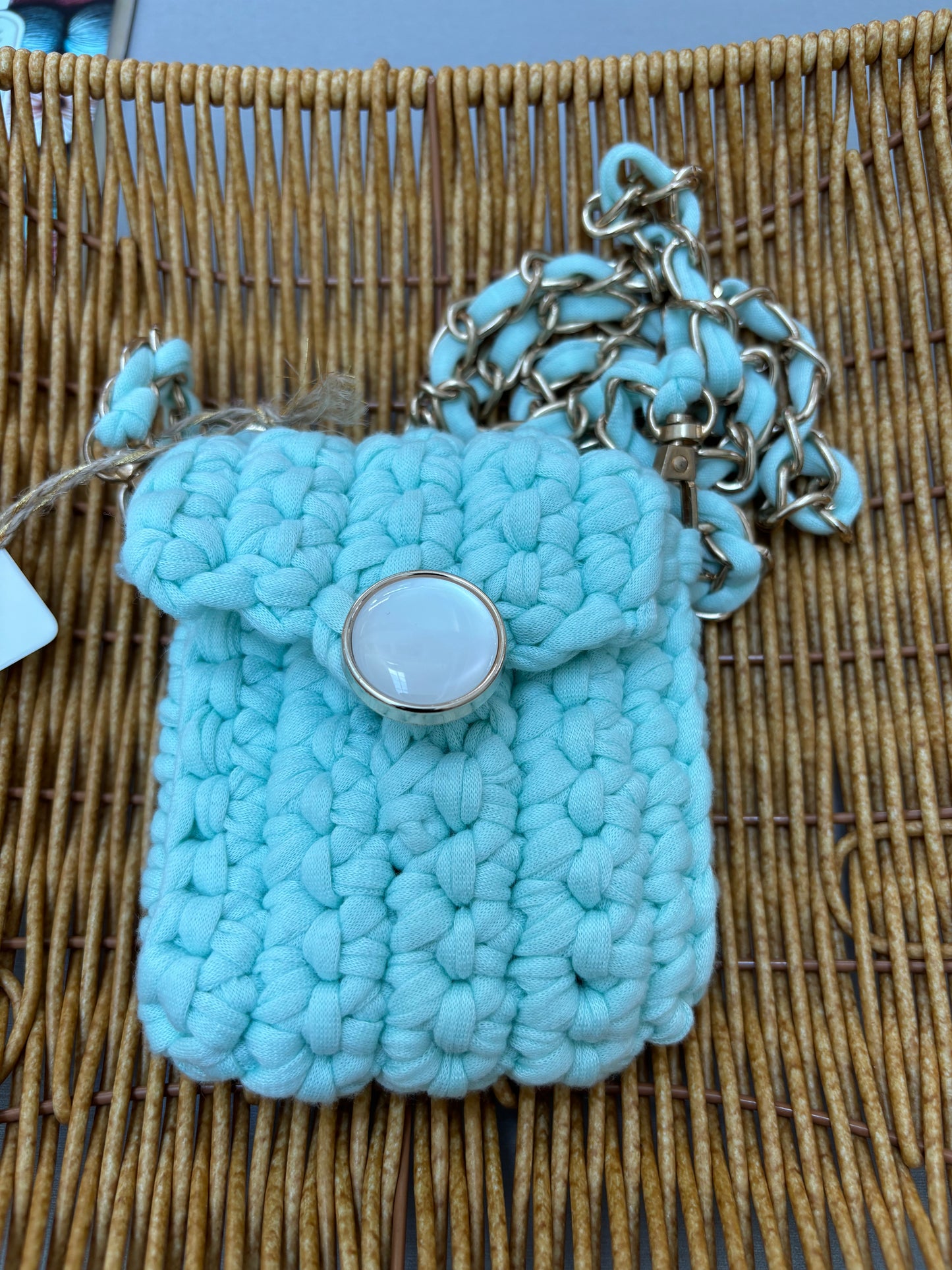 Mint Green Mini Crochet Crossbody Bag with Chain Strap