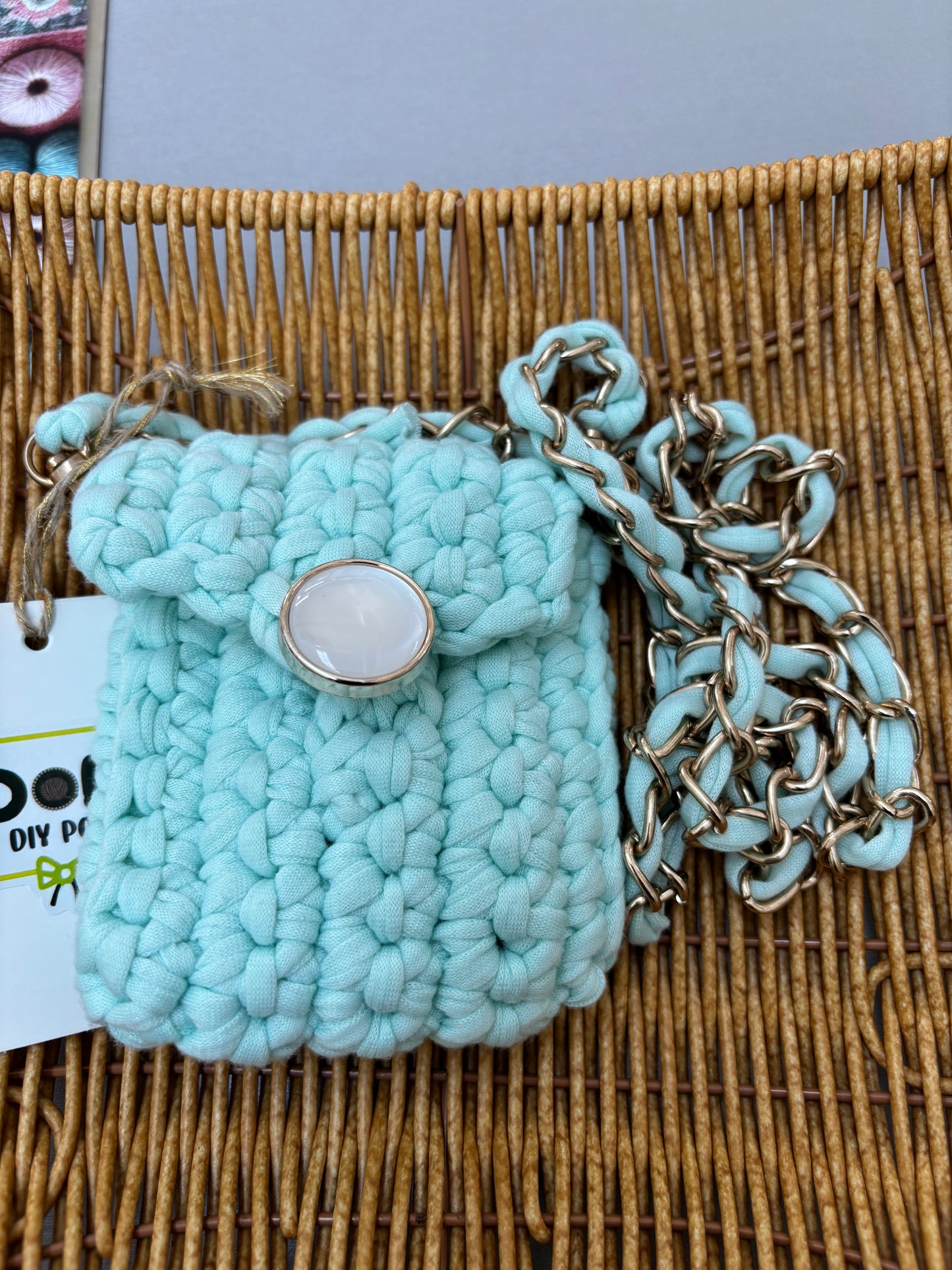 Mint Green Mini Crochet Crossbody Bag with Chain Strap