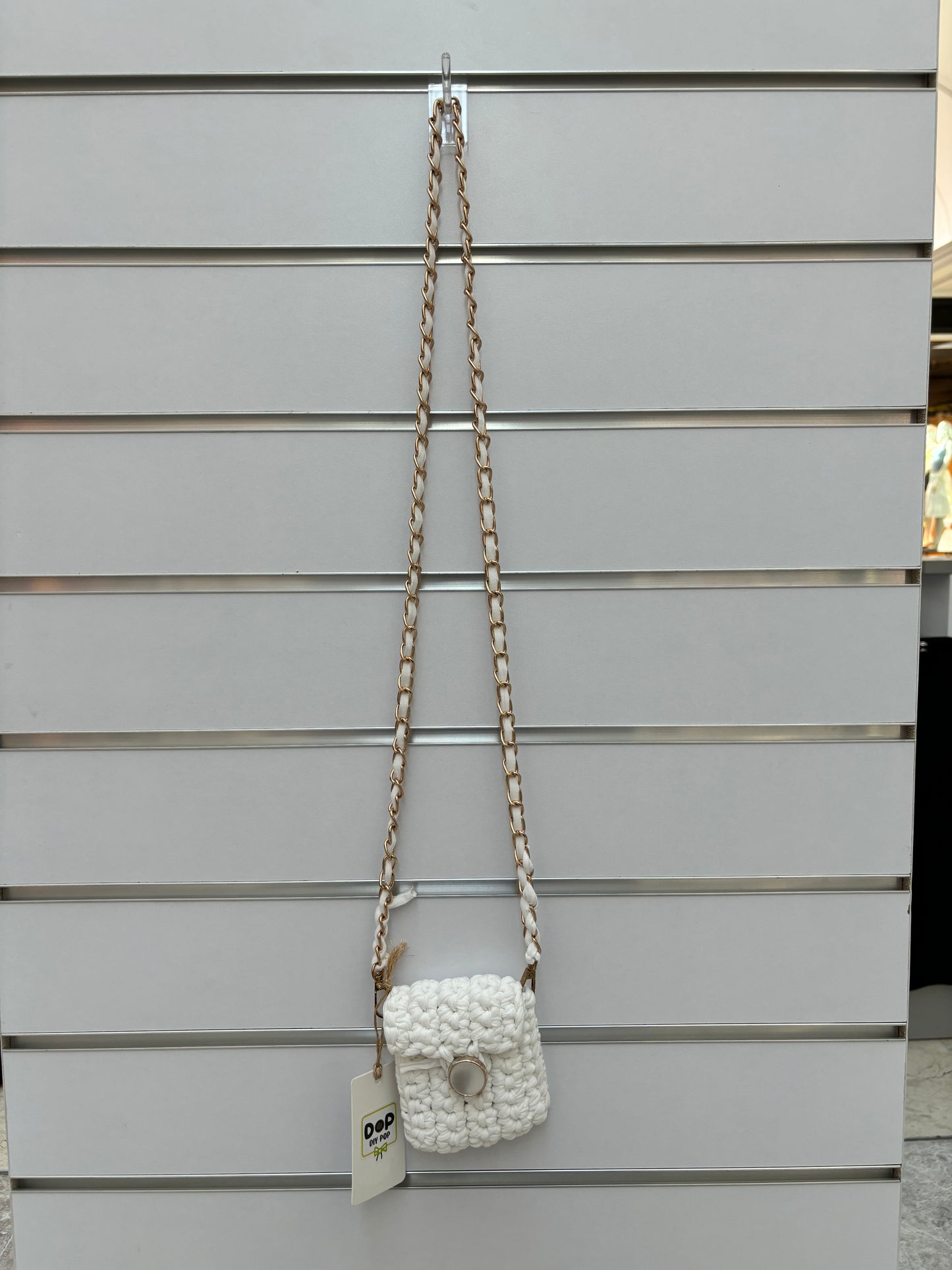 Handmade White Mini Crochet Crossbody Bag with Chain Strap