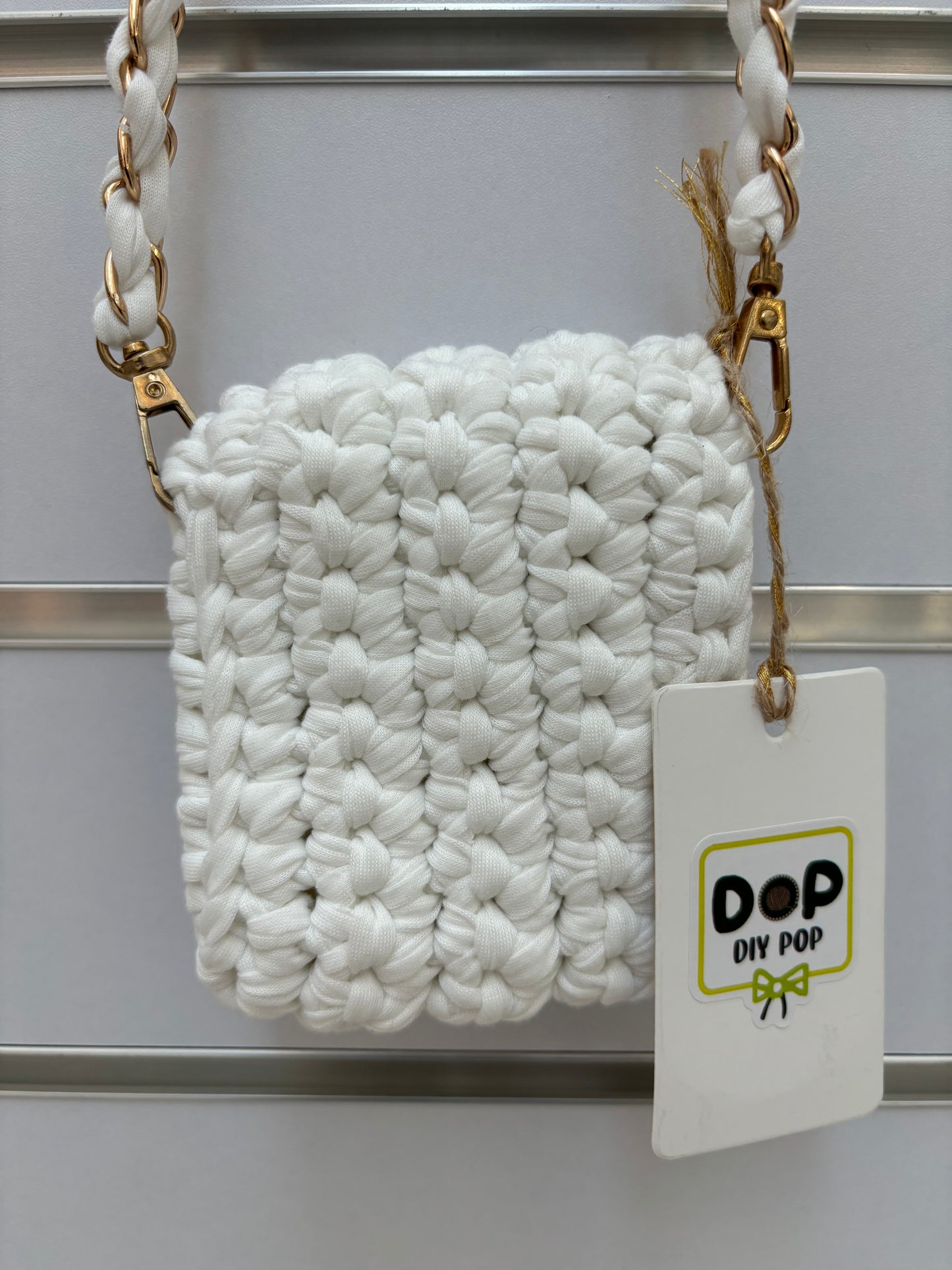 Handmade White Mini Crochet Crossbody Bag with Chain Strap