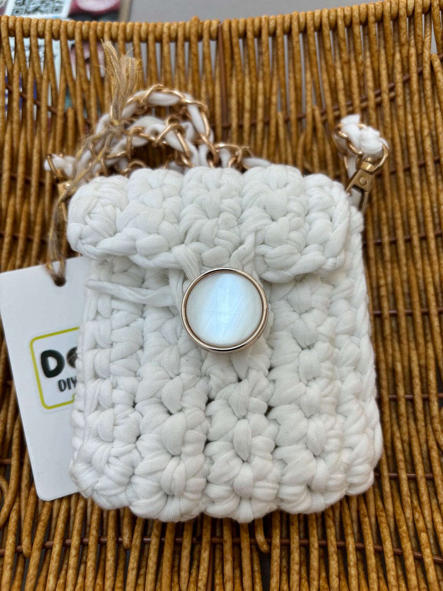 Handmade White Mini Crochet Crossbody Bag with Chain Strap