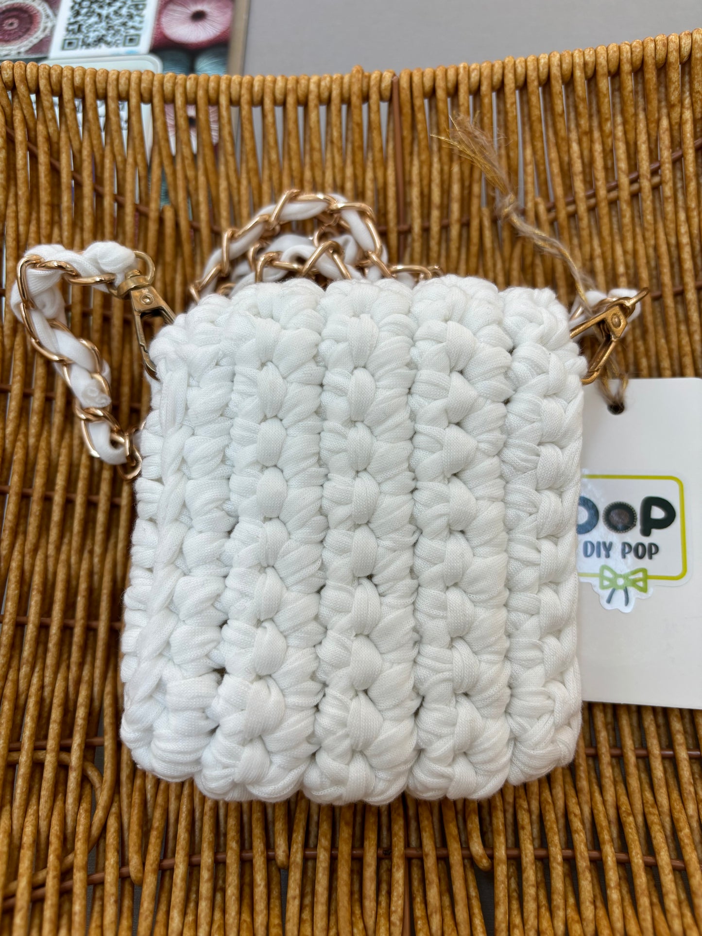 Handmade White Mini Crochet Crossbody Bag with Chain Strap
