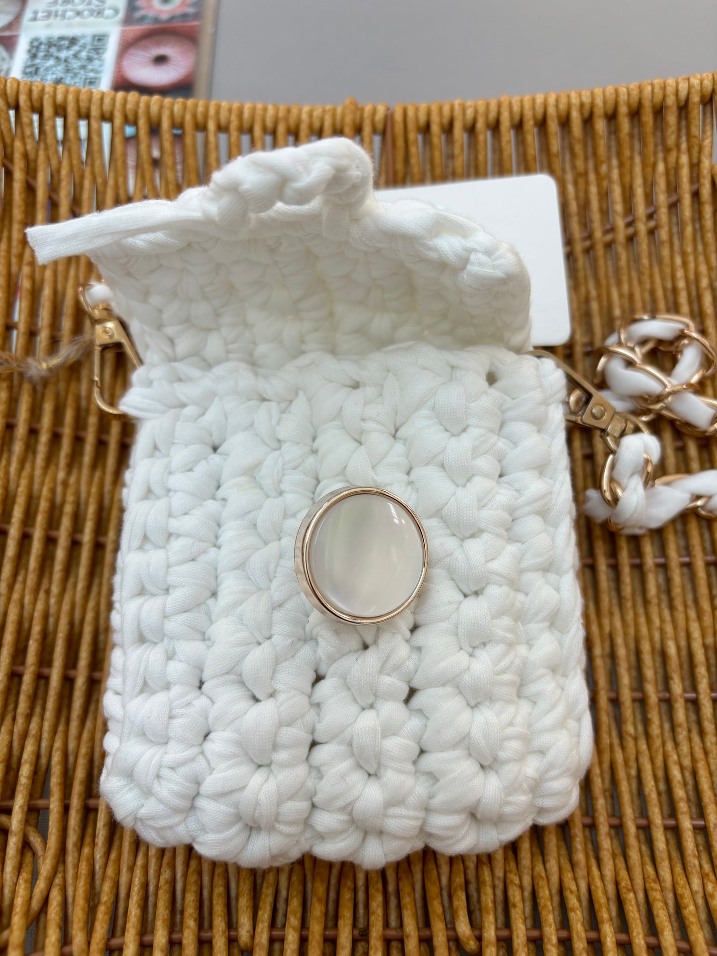 Handmade White Mini Crochet Crossbody Bag with Chain Strap