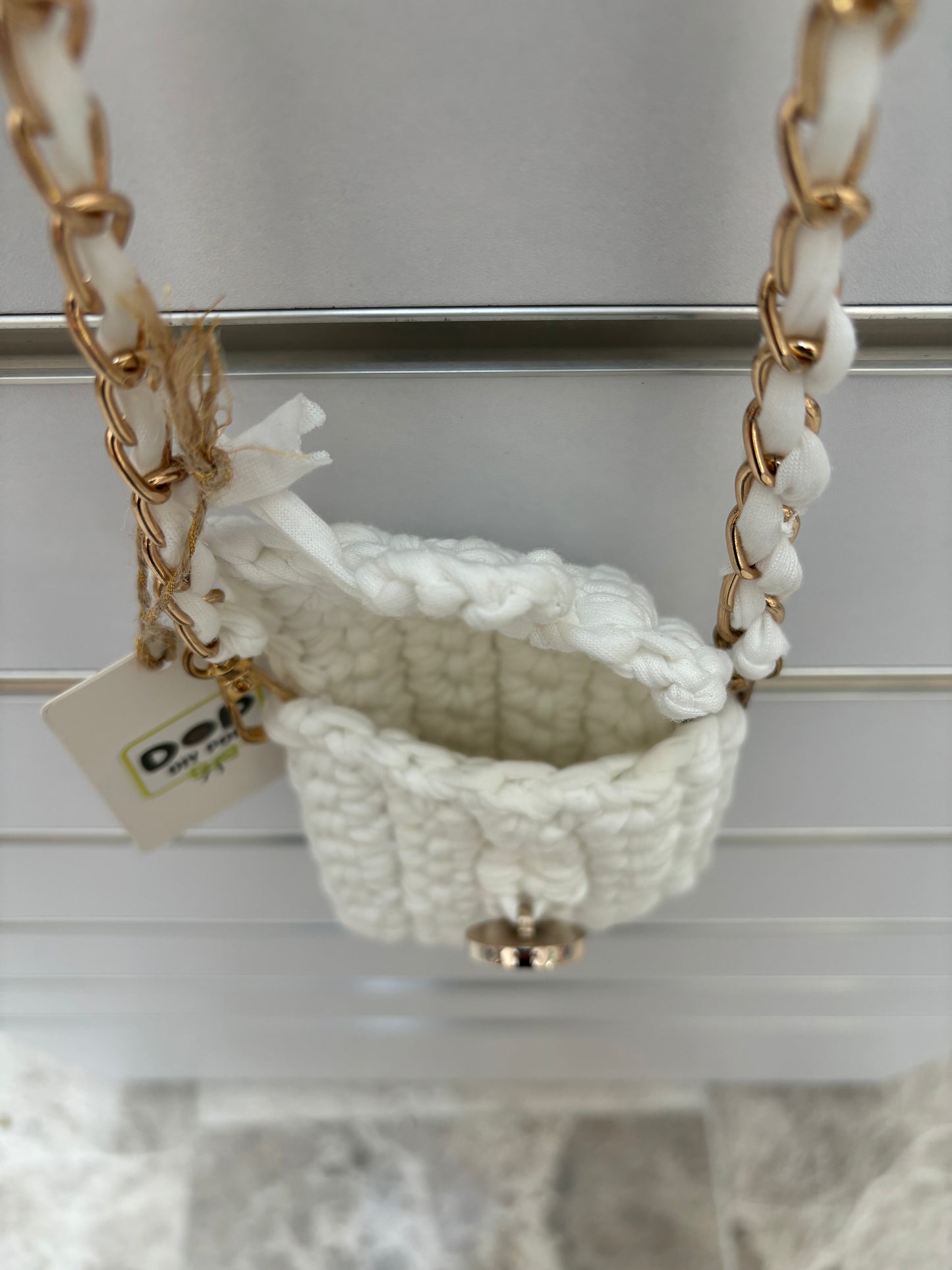 Handmade White Mini Crochet Crossbody Bag with Chain Strap