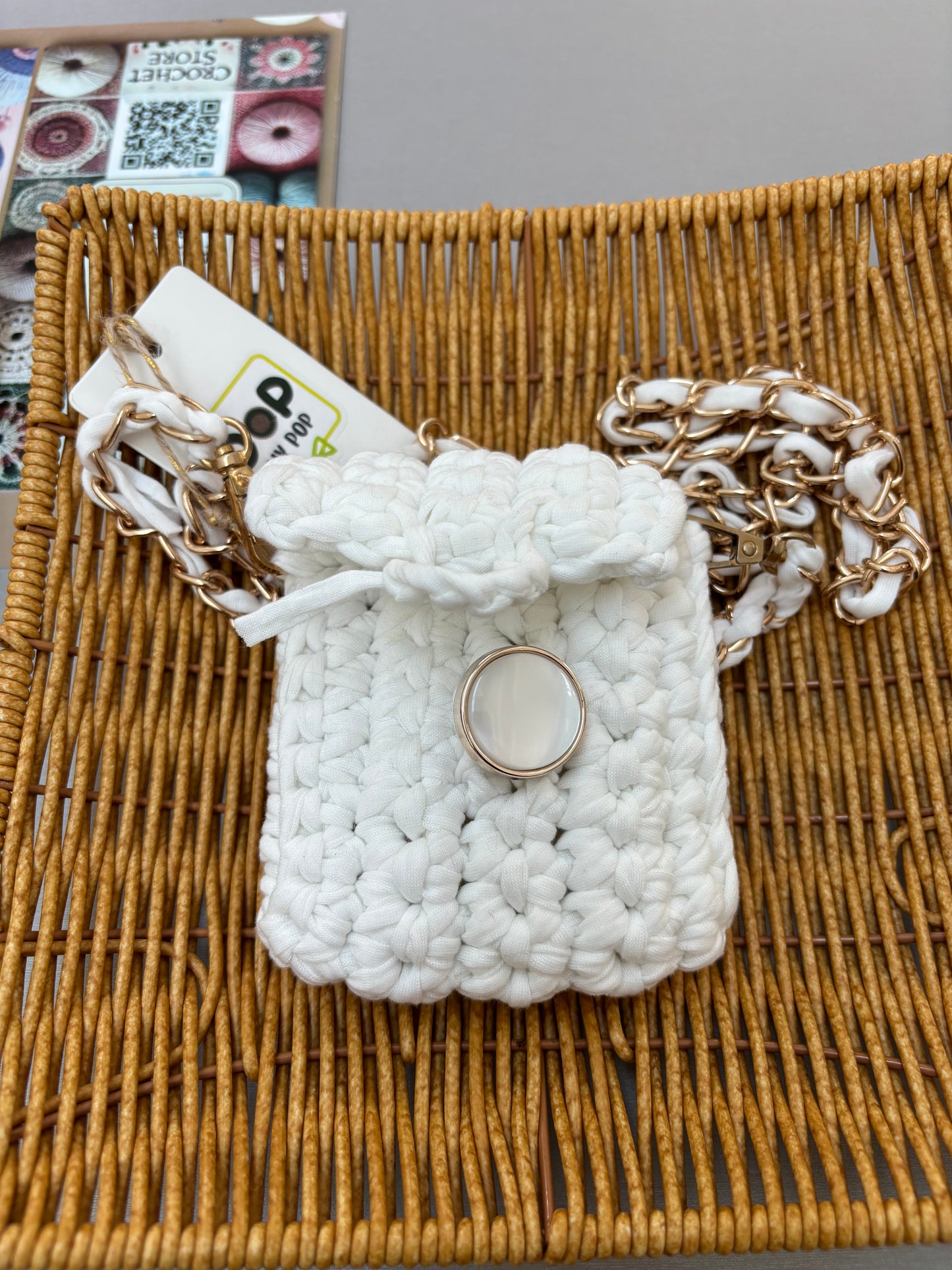 Handmade White Mini Crochet Crossbody Bag with Chain Strap