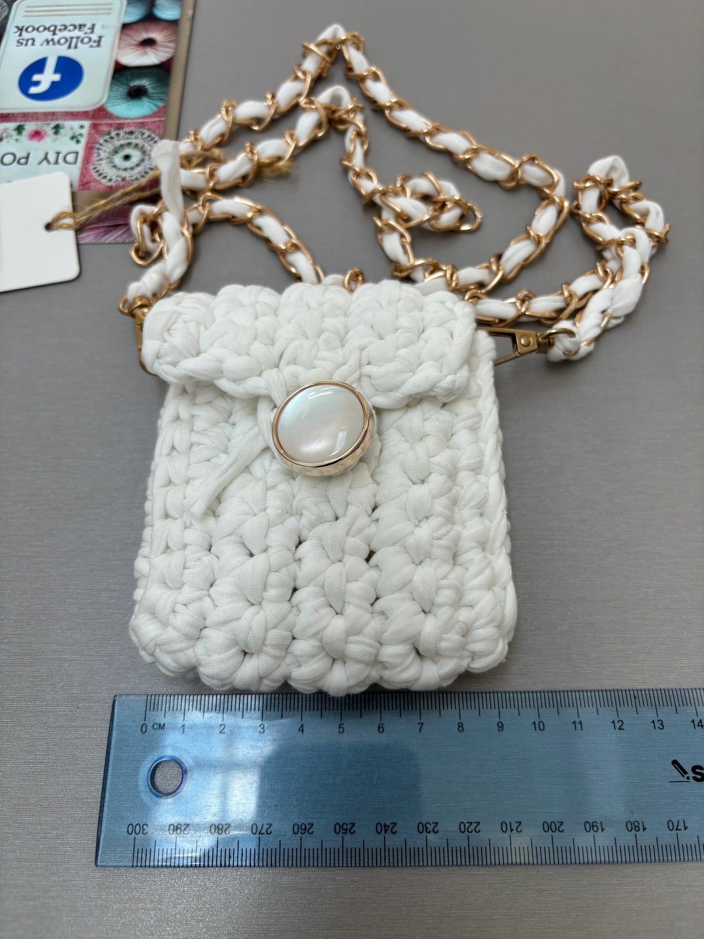 Handmade White Mini Crochet Crossbody Bag with Chain Strap