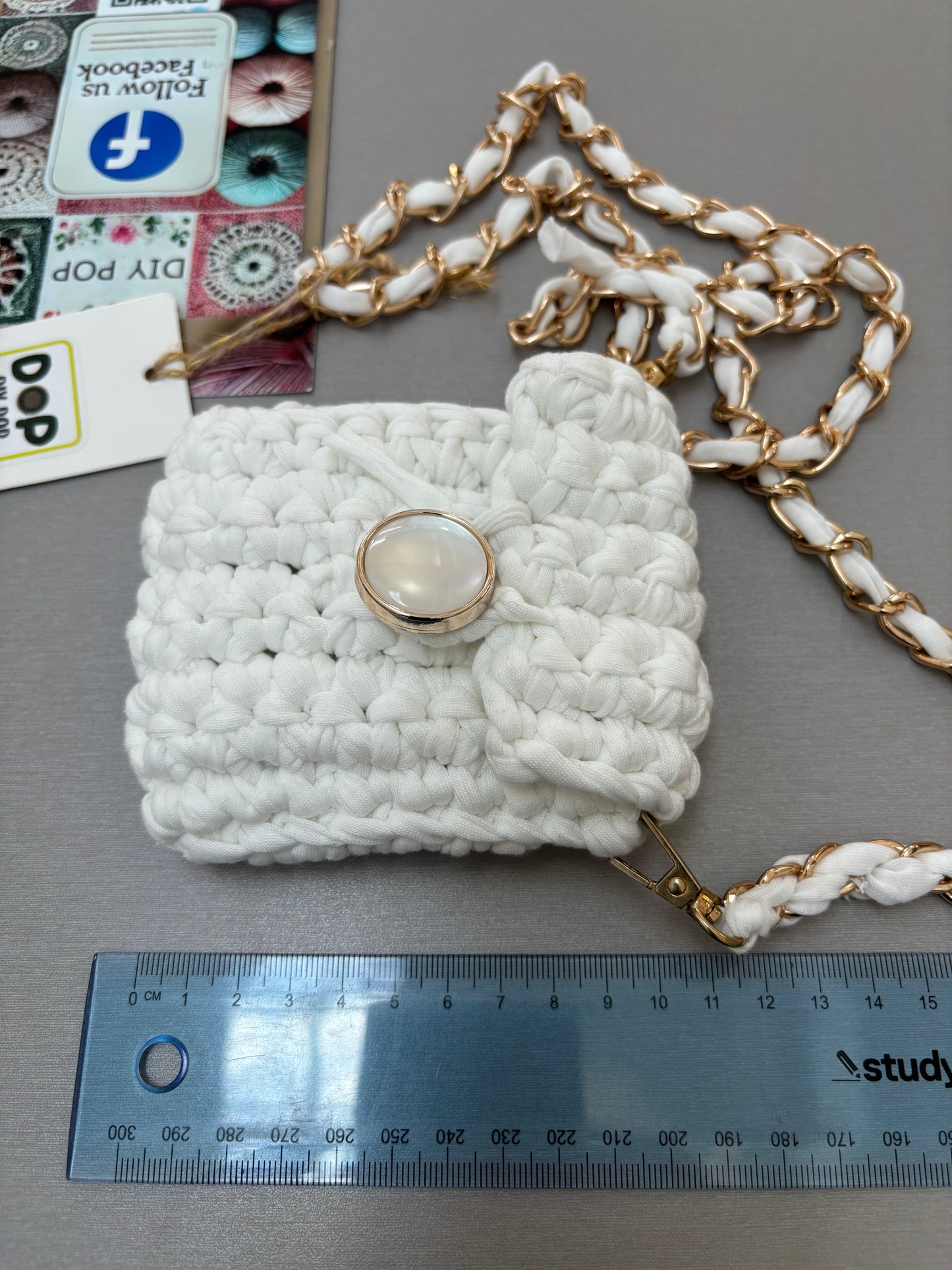 Handmade White Mini Crochet Crossbody Bag with Chain Strap