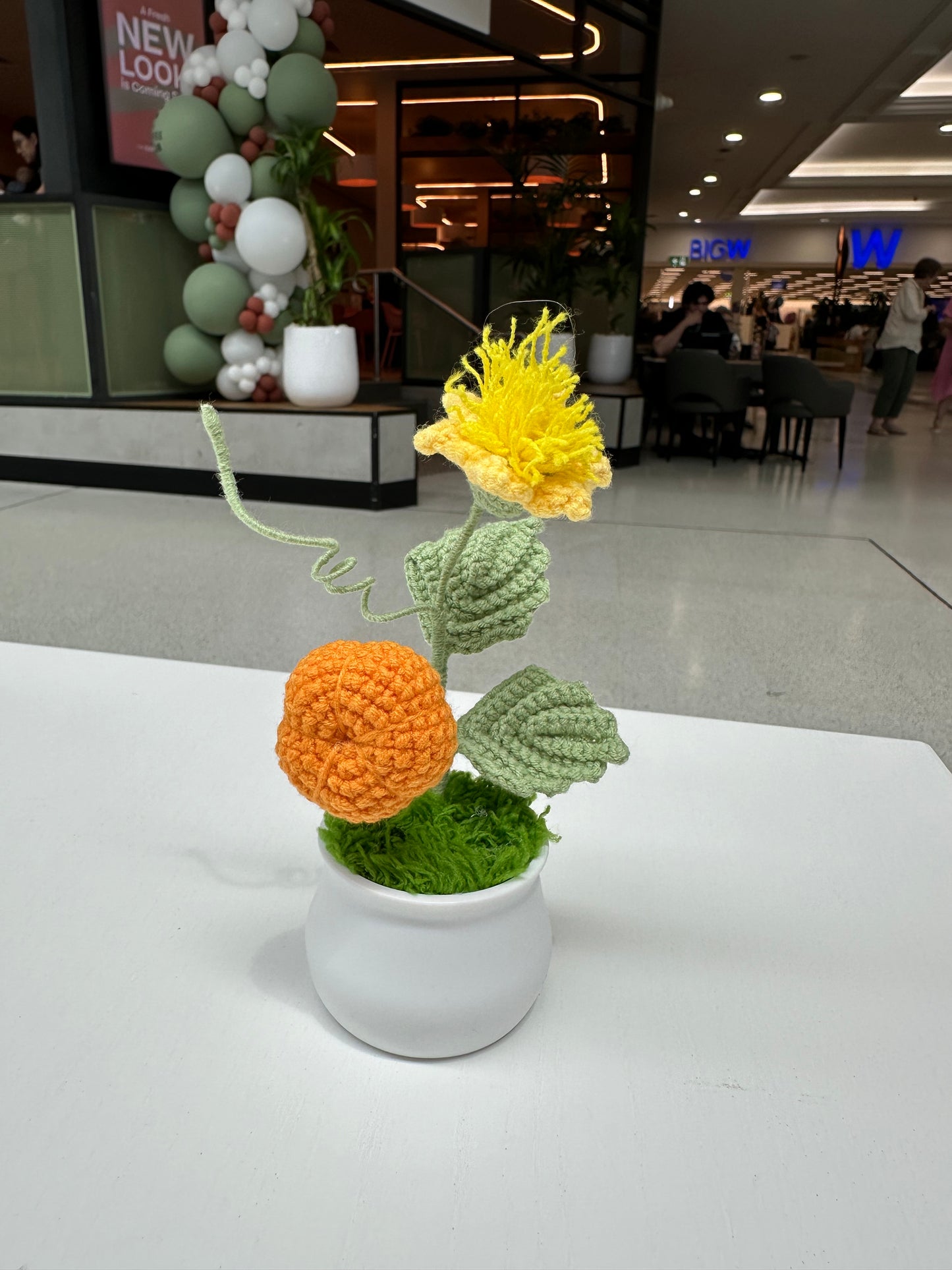 Handmade Crochet Pumpkin and Flower Decor in White Plastic Pot
