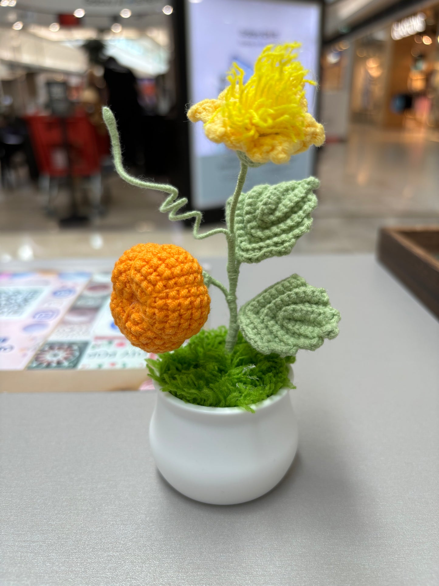 Handmade Crochet Pumpkin and Flower Decor in White Plastic Pot