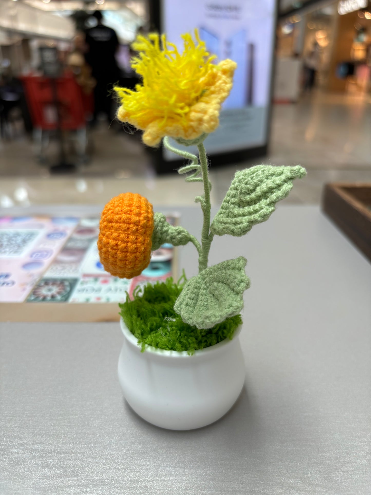 Handmade Crochet Pumpkin and Flower Decor in White Plastic Pot