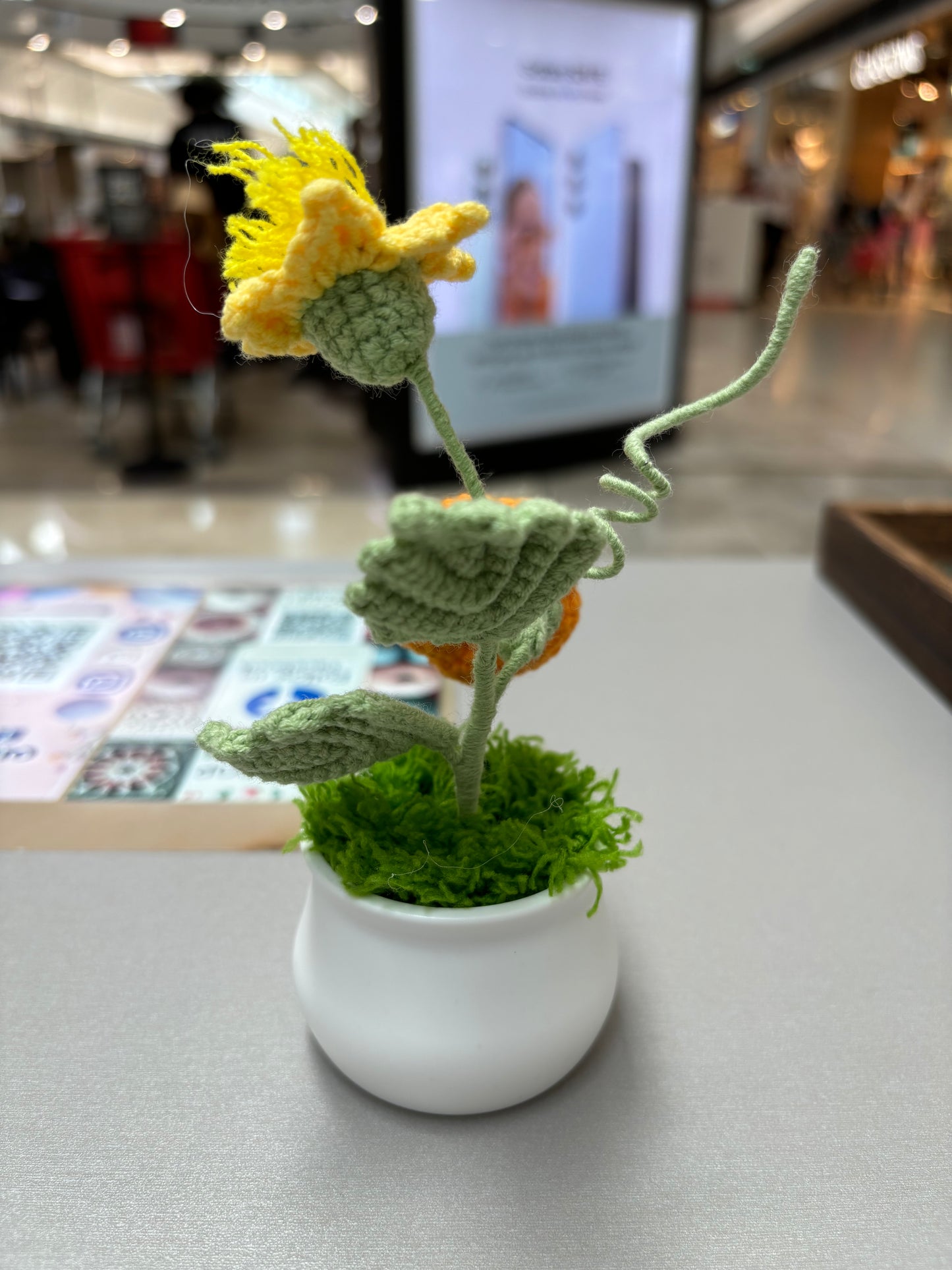 Handmade Crochet Pumpkin and Flower Decor in White Plastic Pot