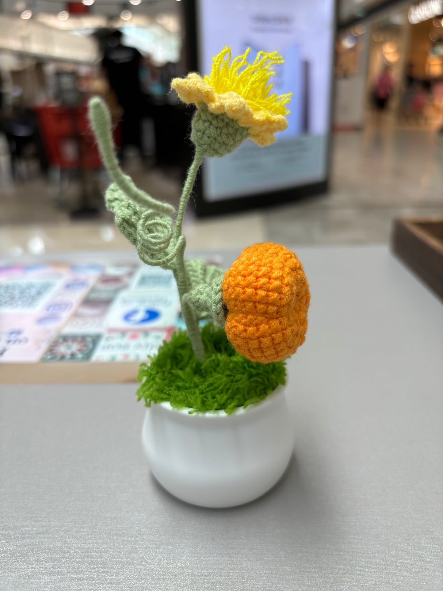 Handmade Crochet Pumpkin and Flower Decor in White Plastic Pot