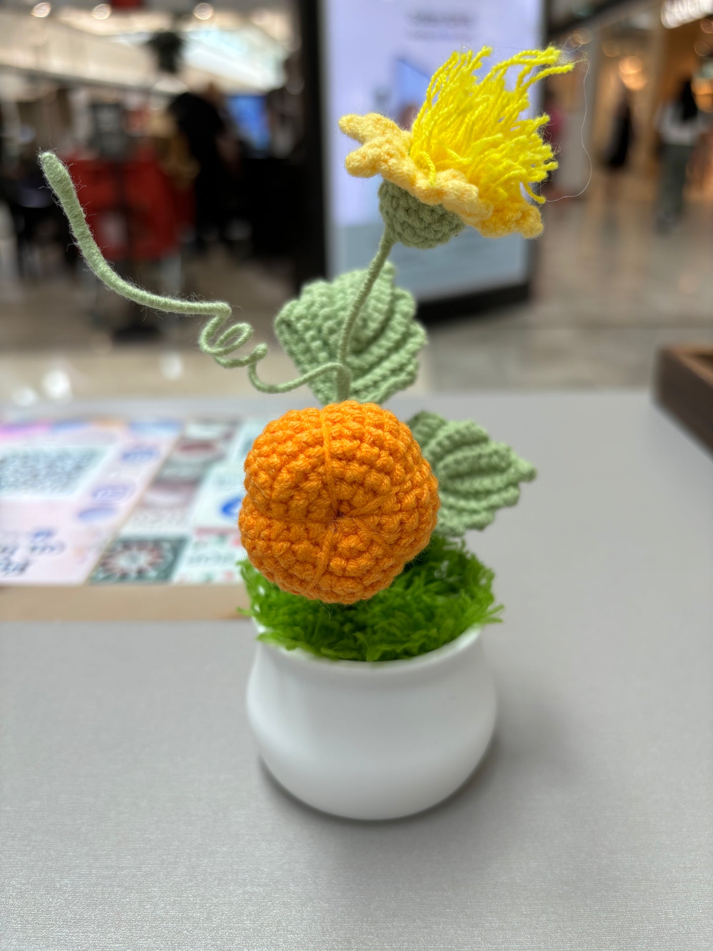 Handmade Crochet Pumpkin and Flower Decor in White Plastic Pot