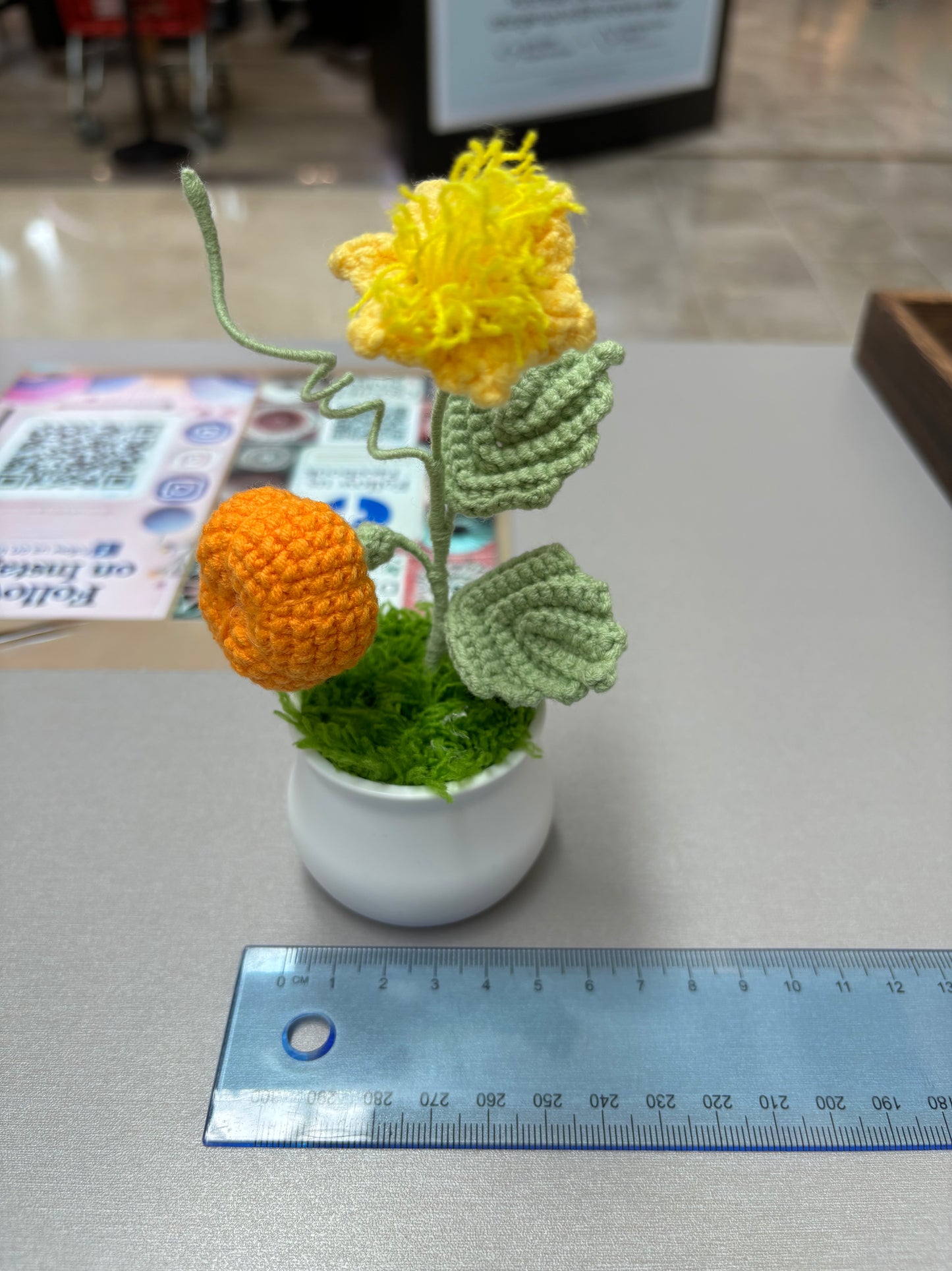 Handmade Crochet Pumpkin and Flower Decor in White Plastic Pot