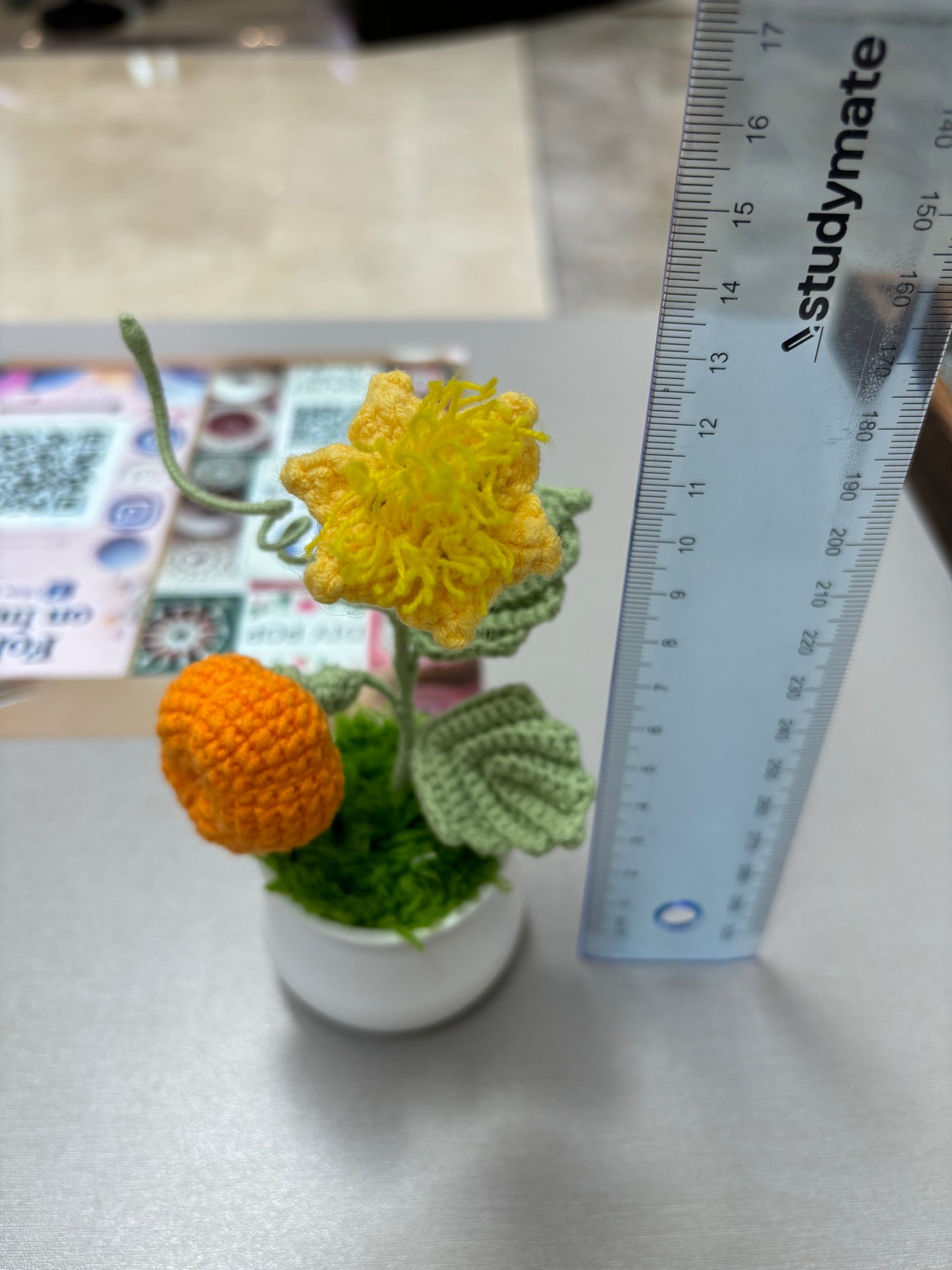 Handmade Crochet Pumpkin and Flower Decor in White Plastic Pot