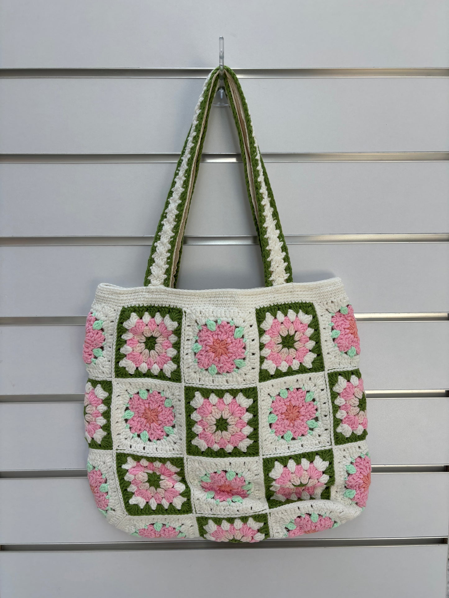 Handmade Granny Square Crochet Tote Bag with Floral Design – Pink and Green
