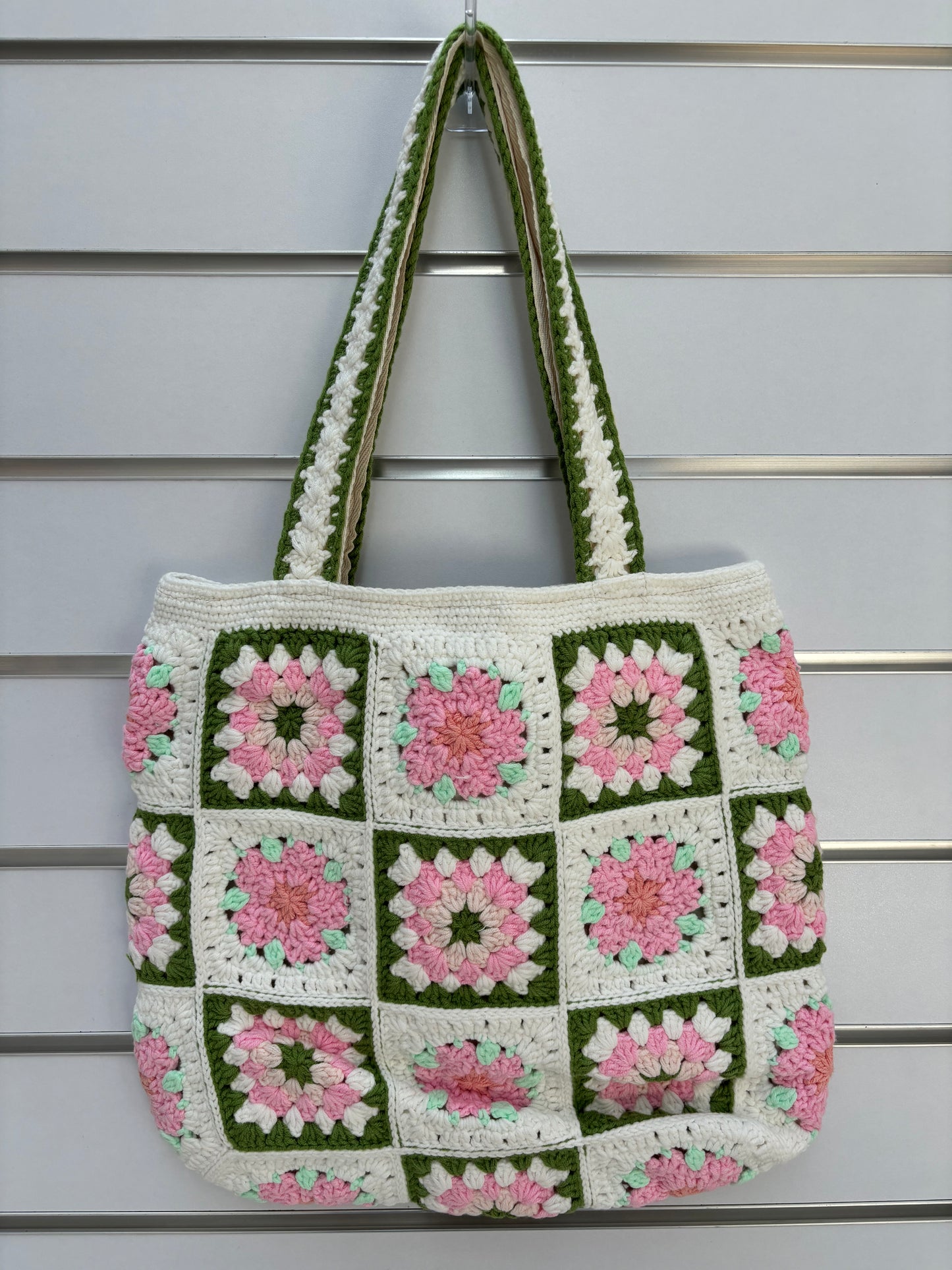 Handmade Granny Square Crochet Tote Bag with Floral Design – Pink and Green