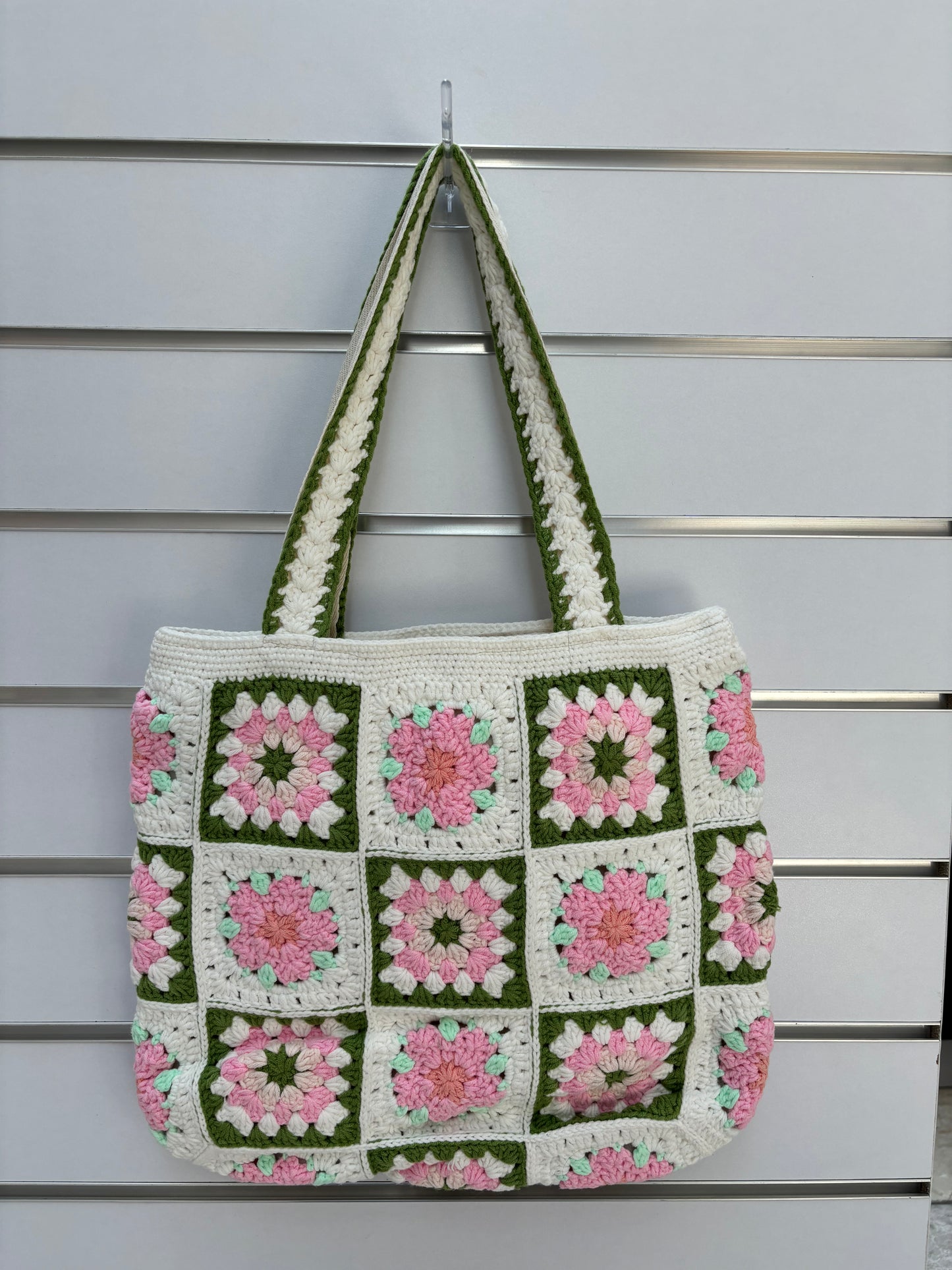 Handmade Granny Square Crochet Tote Bag with Floral Design – Pink and Green