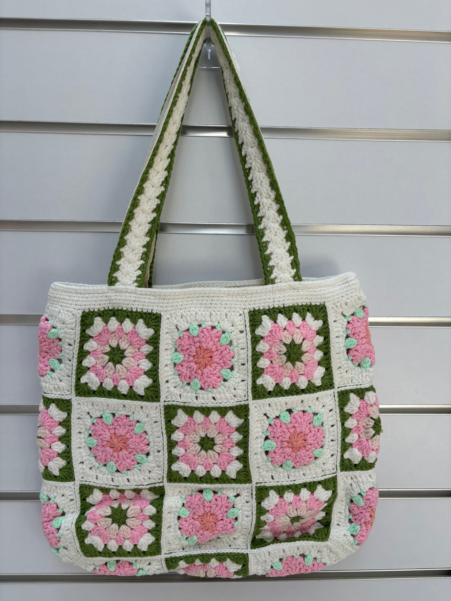 Handmade Granny Square Crochet Tote Bag with Floral Design – Pink and Green