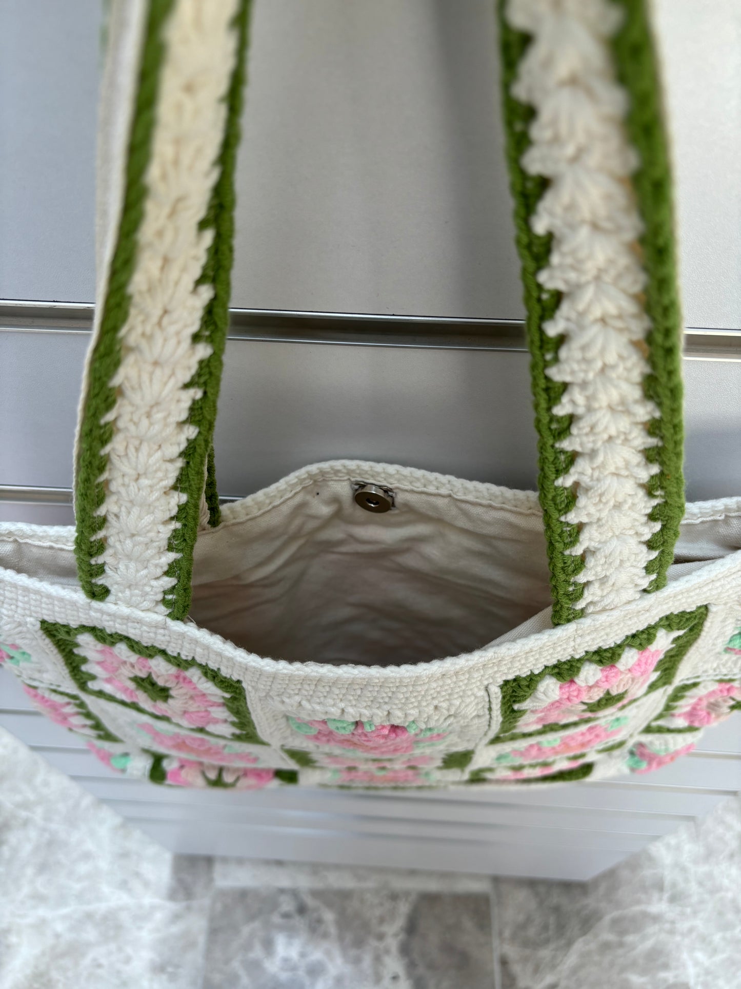 Handmade Granny Square Crochet Tote Bag with Floral Design – Pink and Green