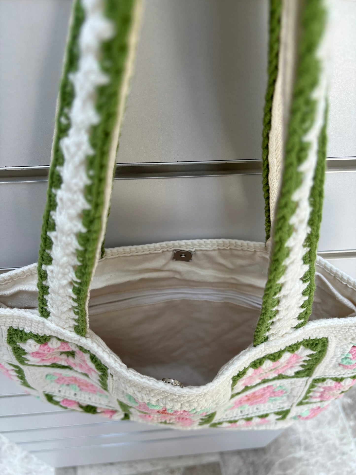 Handmade Granny Square Crochet Tote Bag with Floral Design – Pink and Green