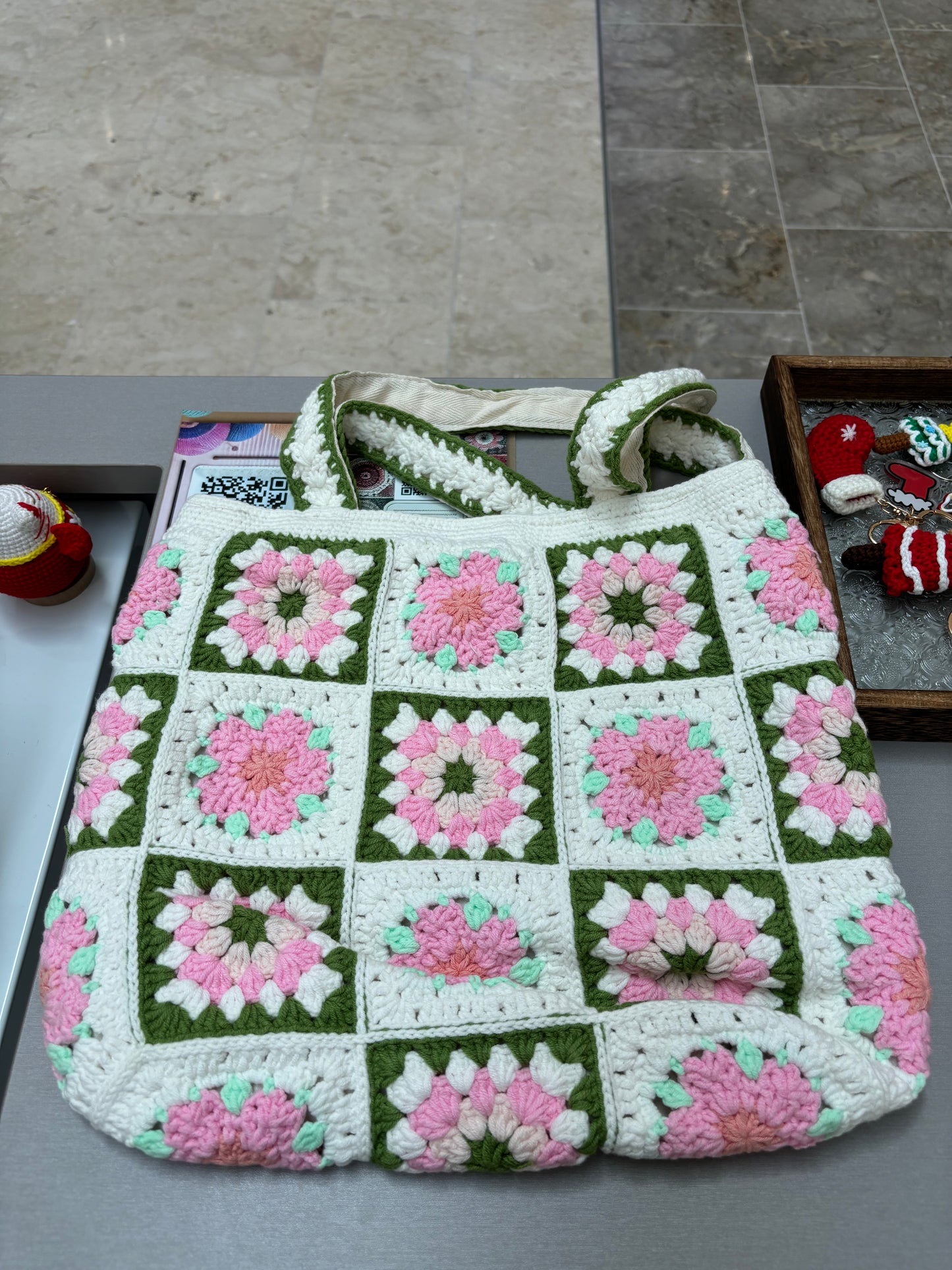 Handmade Granny Square Crochet Tote Bag with Floral Design – Pink and Green