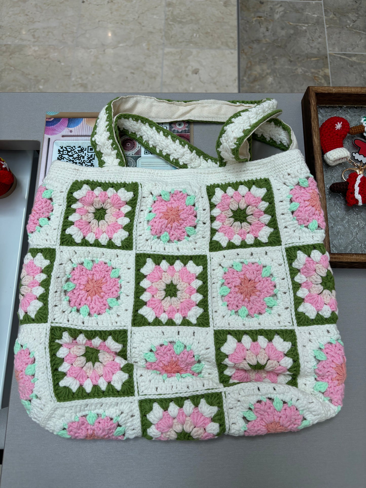 Handmade Granny Square Crochet Tote Bag with Floral Design – Pink and Green