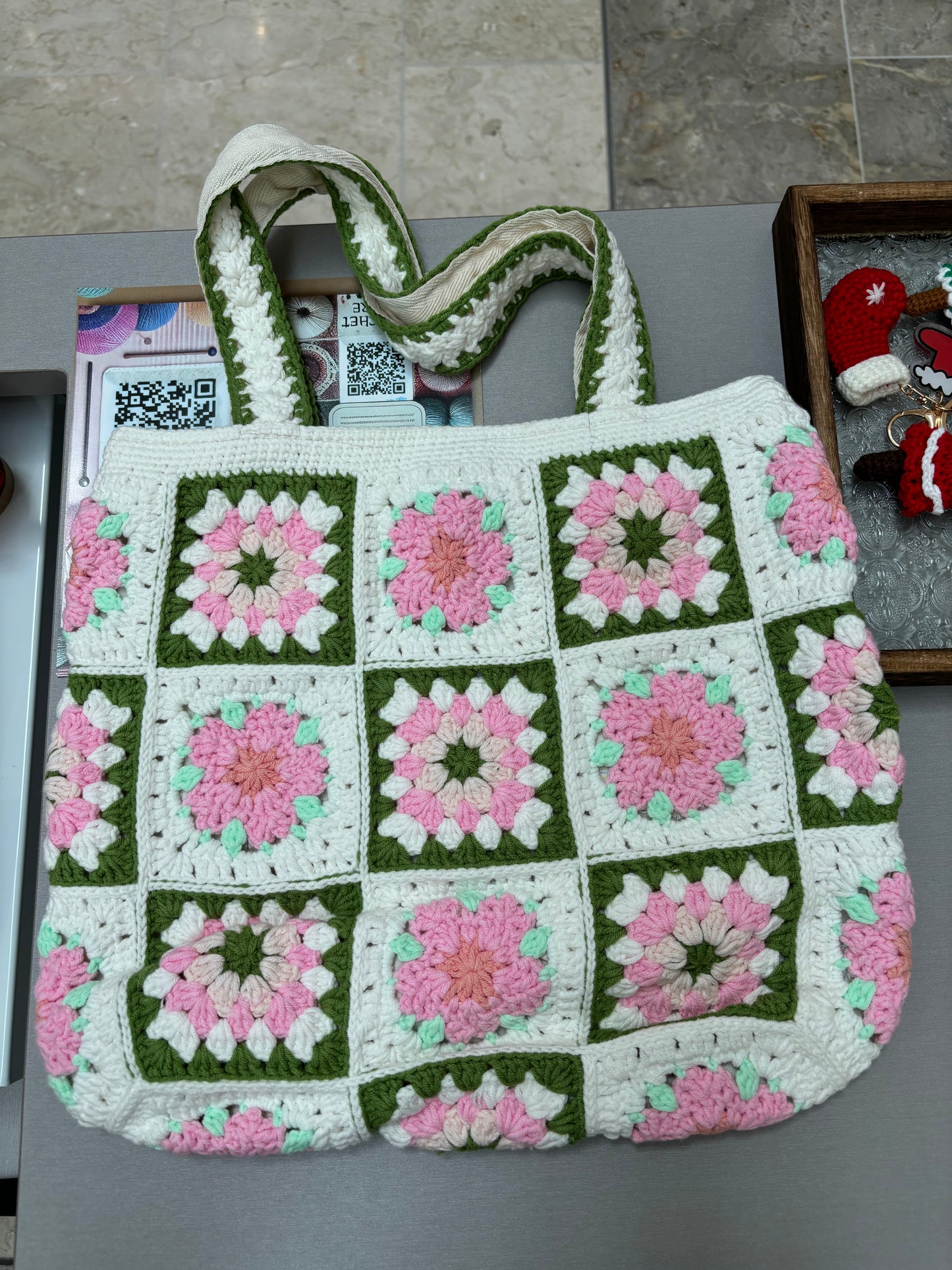Handmade Granny Square Crochet Tote Bag with Floral Design – Pink and Green