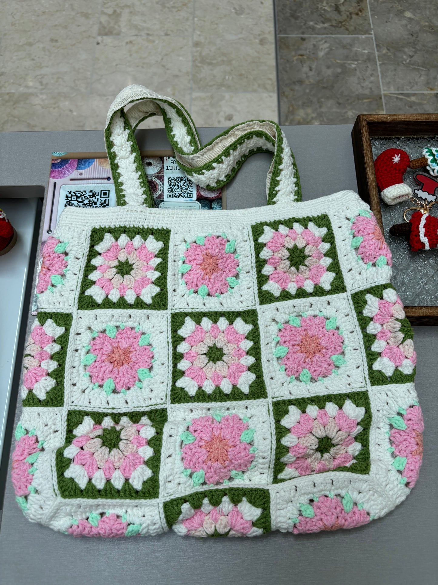 Handmade Granny Square Crochet Tote Bag with Floral Design – Pink and Green
