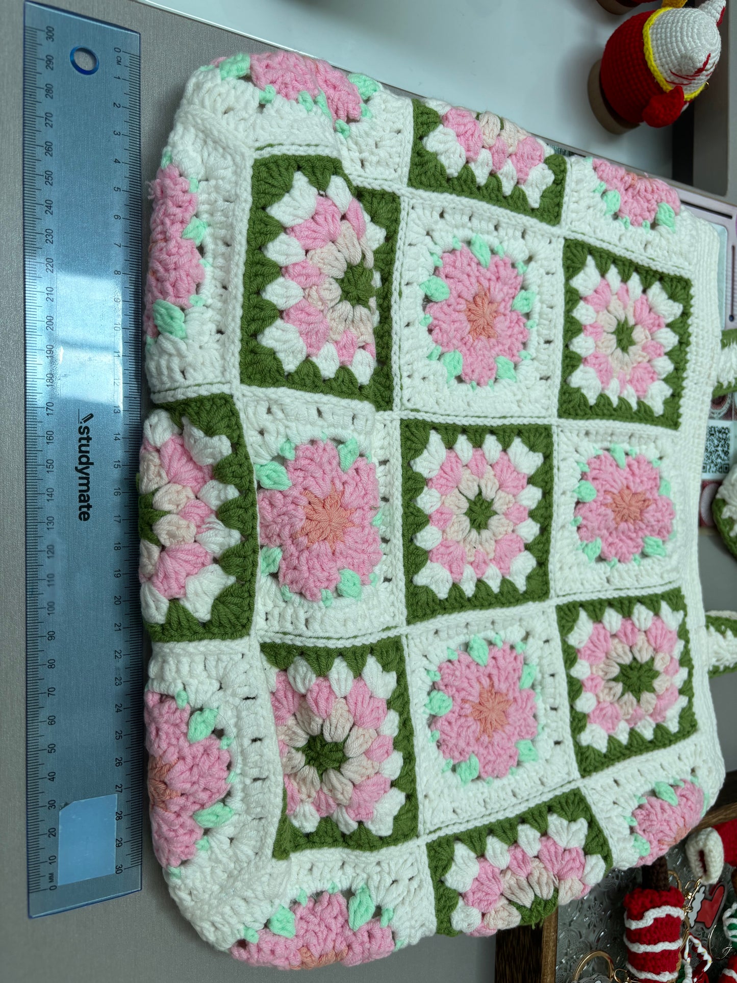 Handmade Granny Square Crochet Tote Bag with Floral Design – Pink and Green