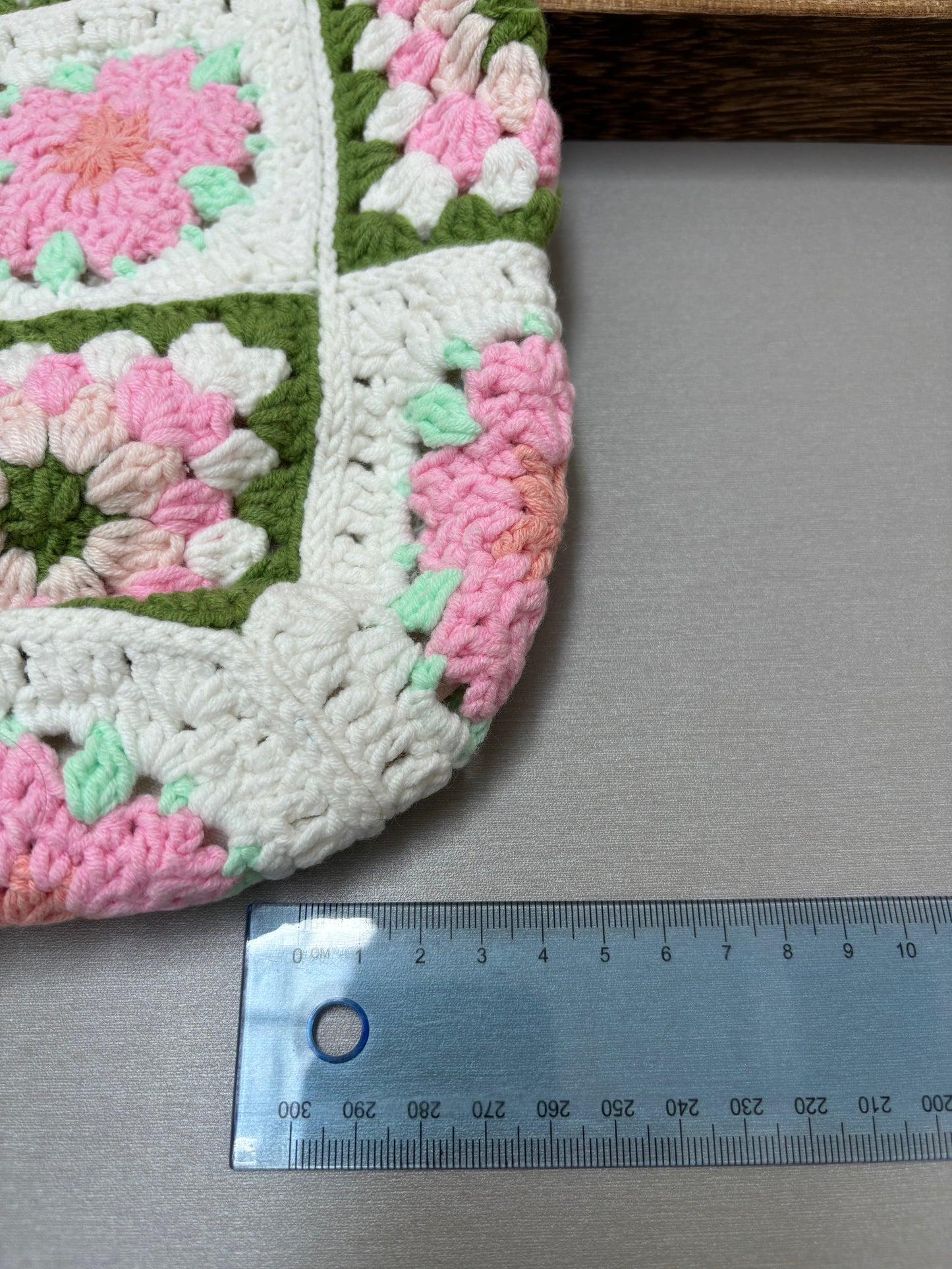 Handmade Granny Square Crochet Tote Bag with Floral Design – Pink and Green