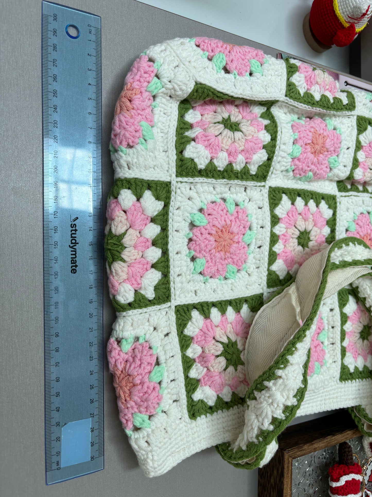 Handmade Granny Square Crochet Tote Bag with Floral Design – Pink and Green