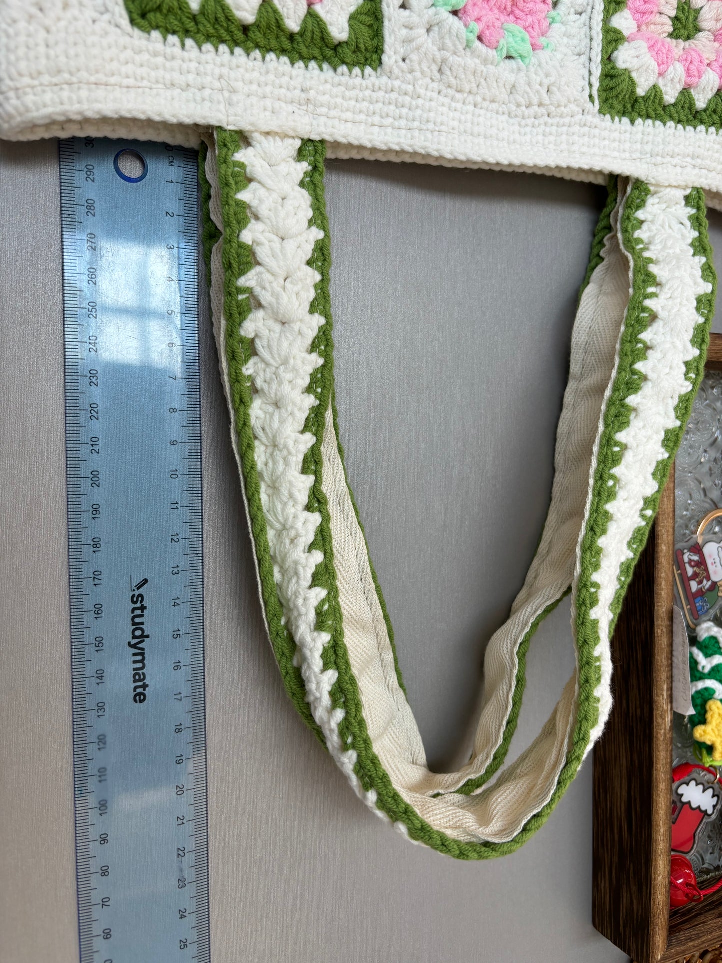 Handmade Granny Square Crochet Tote Bag with Floral Design – Pink and Green
