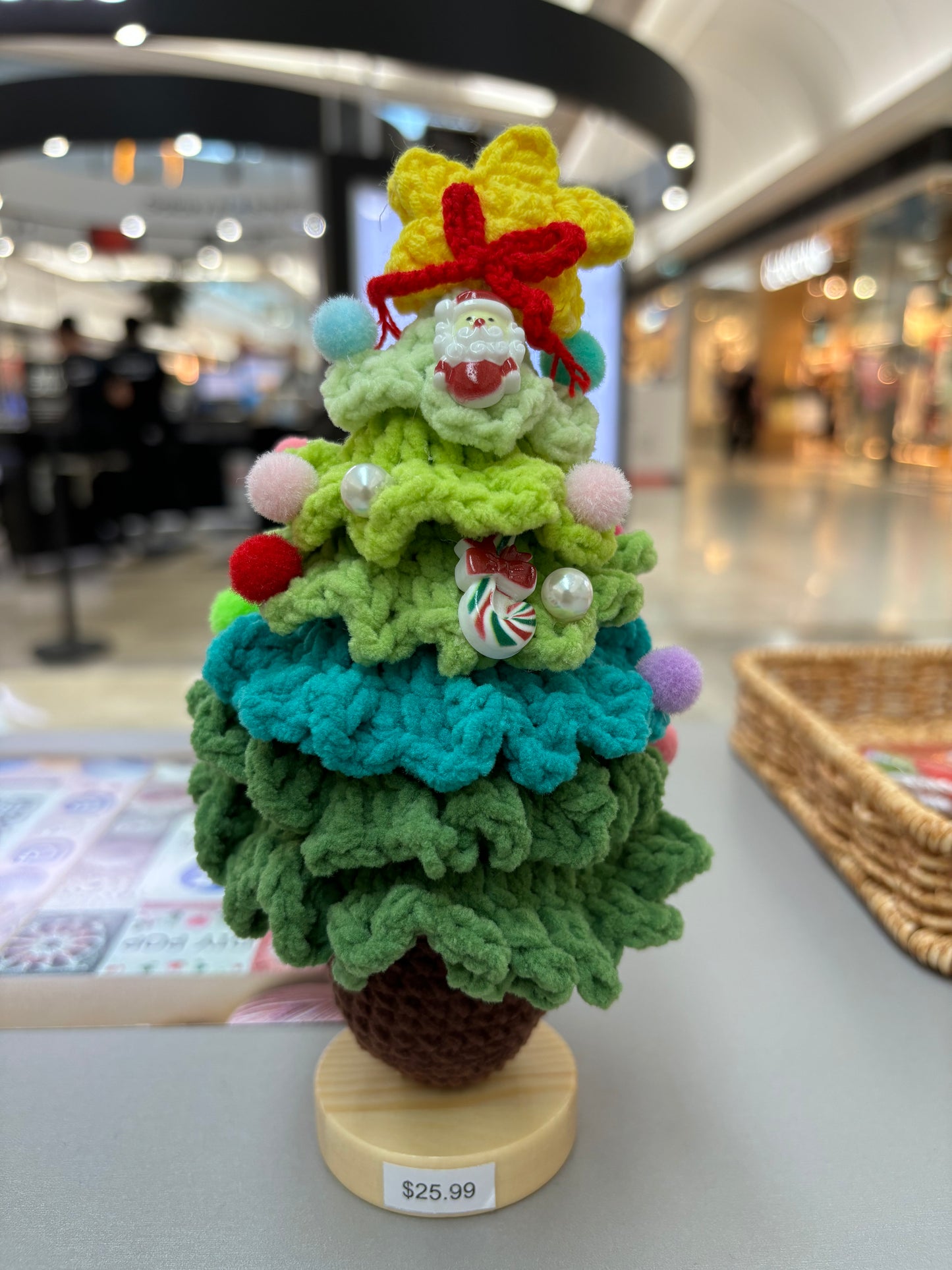Hand-Crocheted Christmas Tree with Wooden Base – Festive Decoration