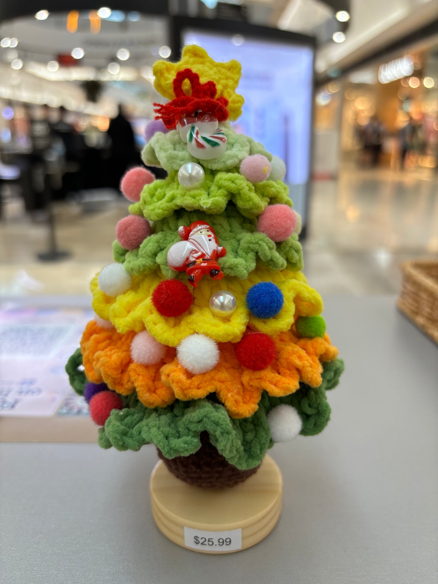 Hand-Crocheted Christmas Tree with Wooden Base – Festive Decoration