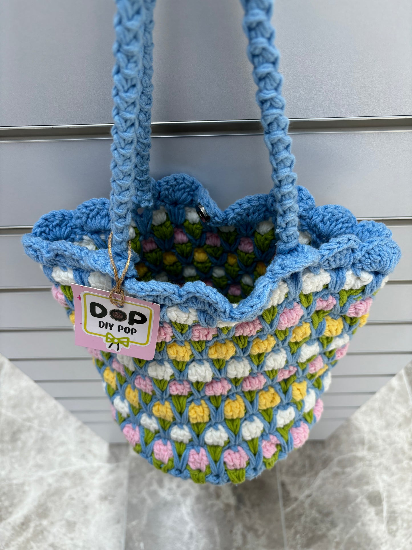 Handmade Crochet Tulip Tote Bag – Blue