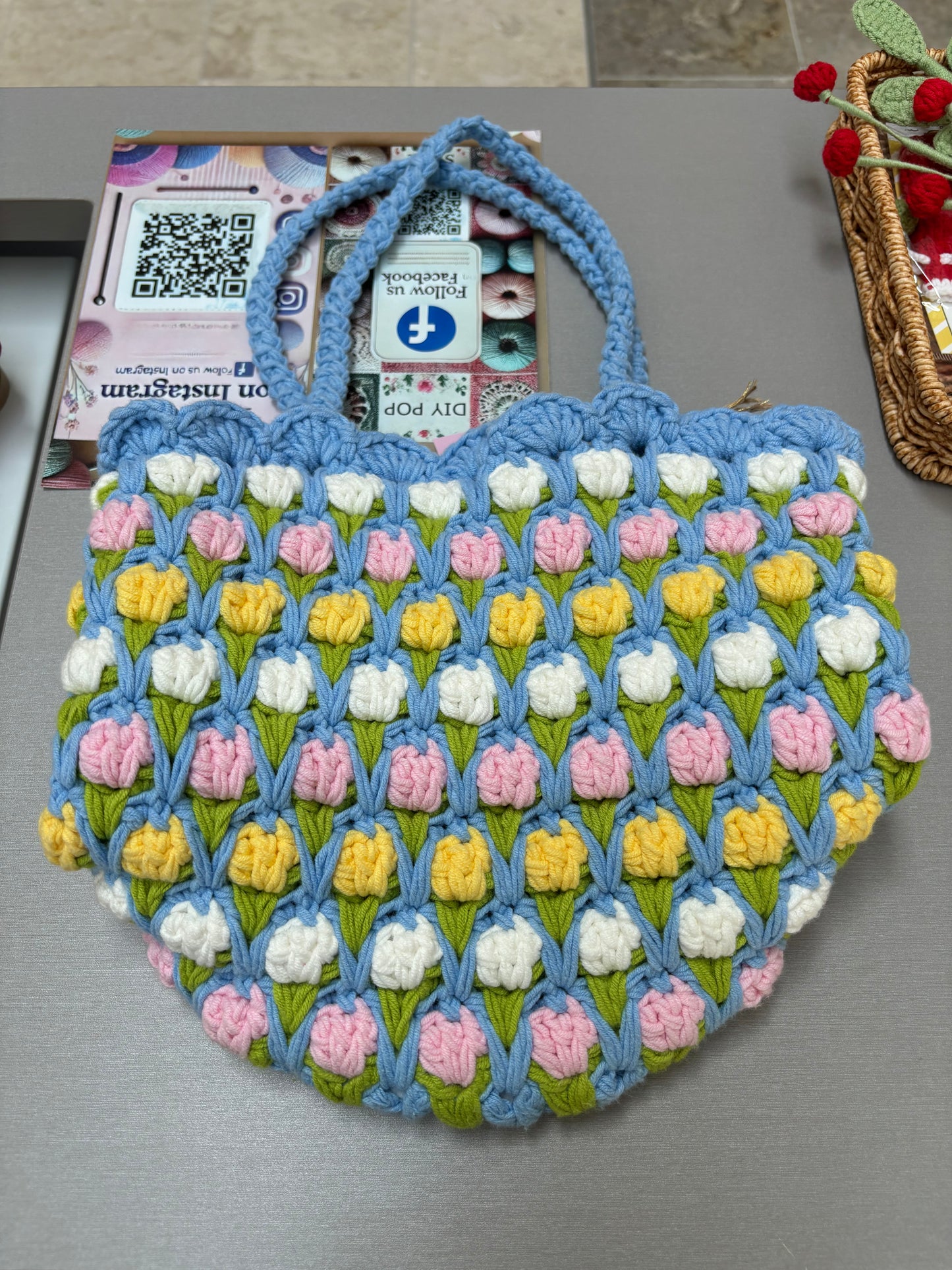 Handmade Crochet Tulip Tote Bag – Blue