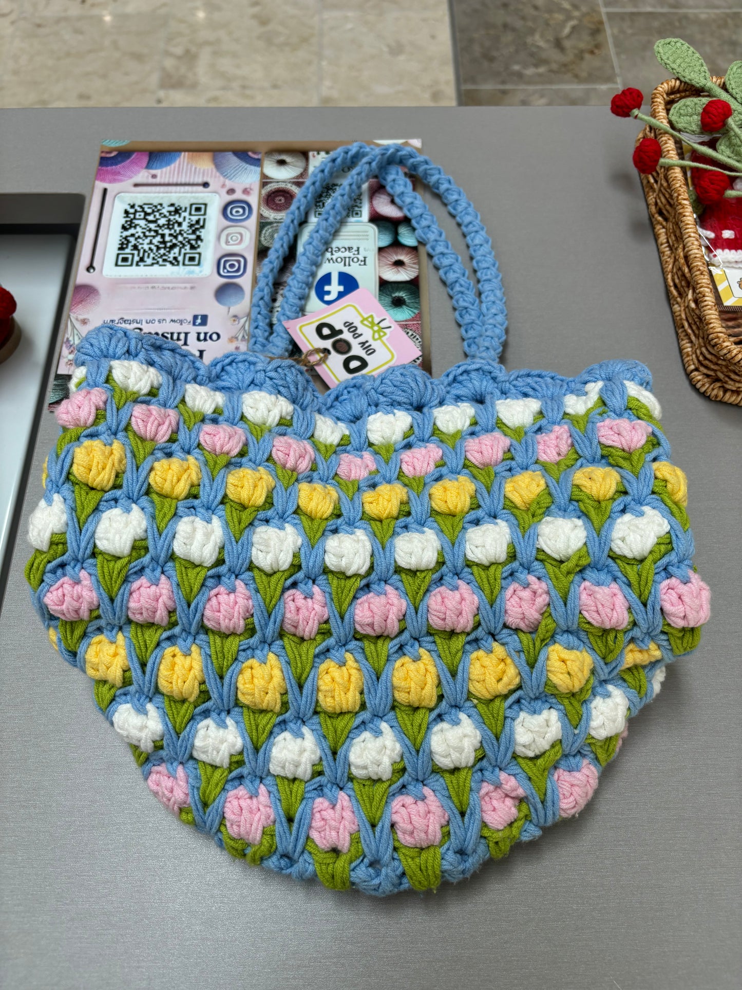Handmade Crochet Tulip Tote Bag – Blue