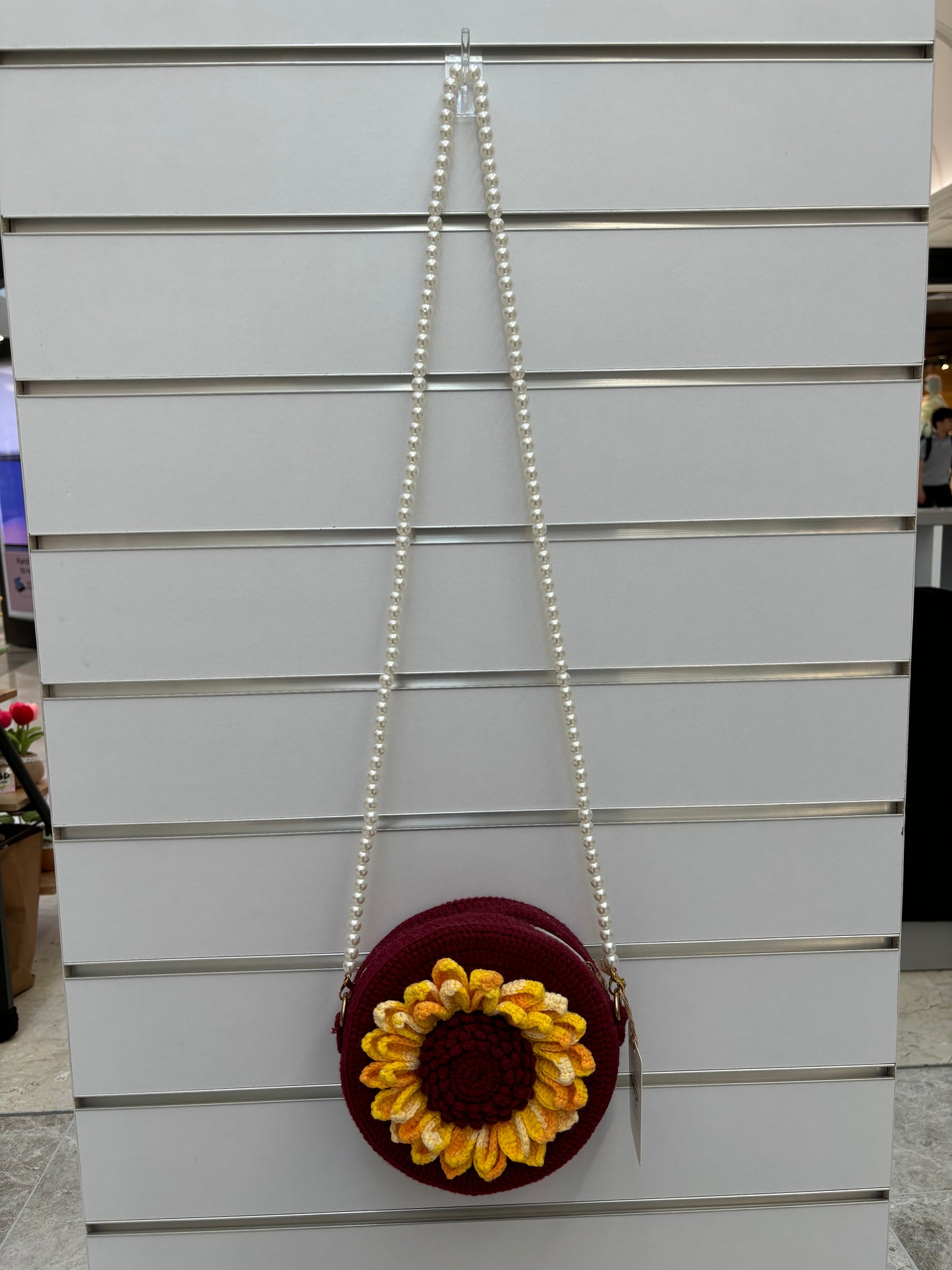 Handmade Crochet Flower Crossbody Bag with Pearl Strap