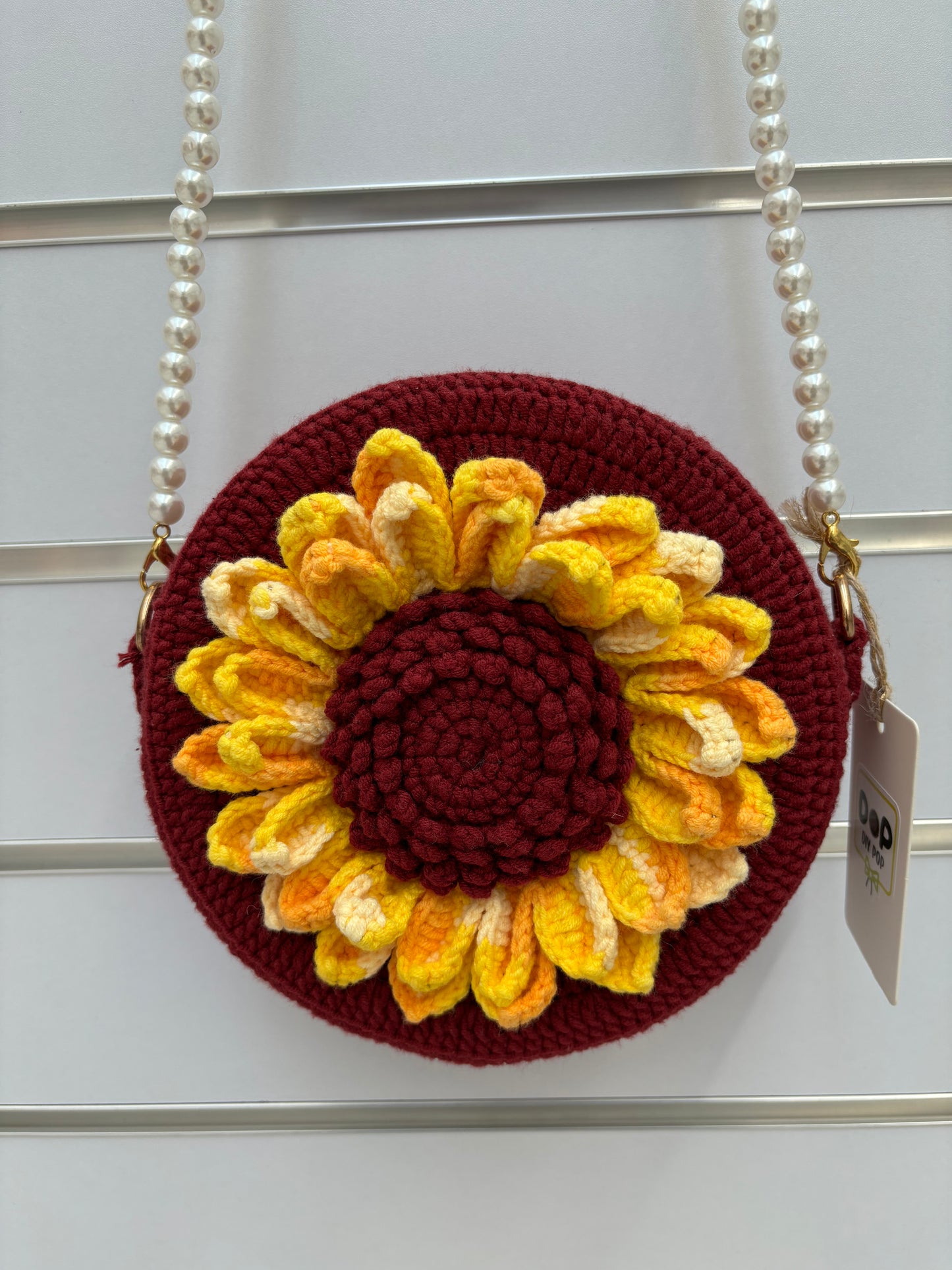 Handmade Crochet Flower Crossbody Bag with Pearl Strap