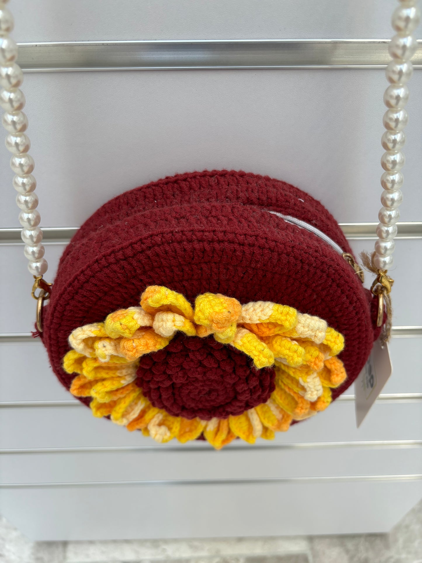 Handmade Crochet Flower Crossbody Bag with Pearl Strap